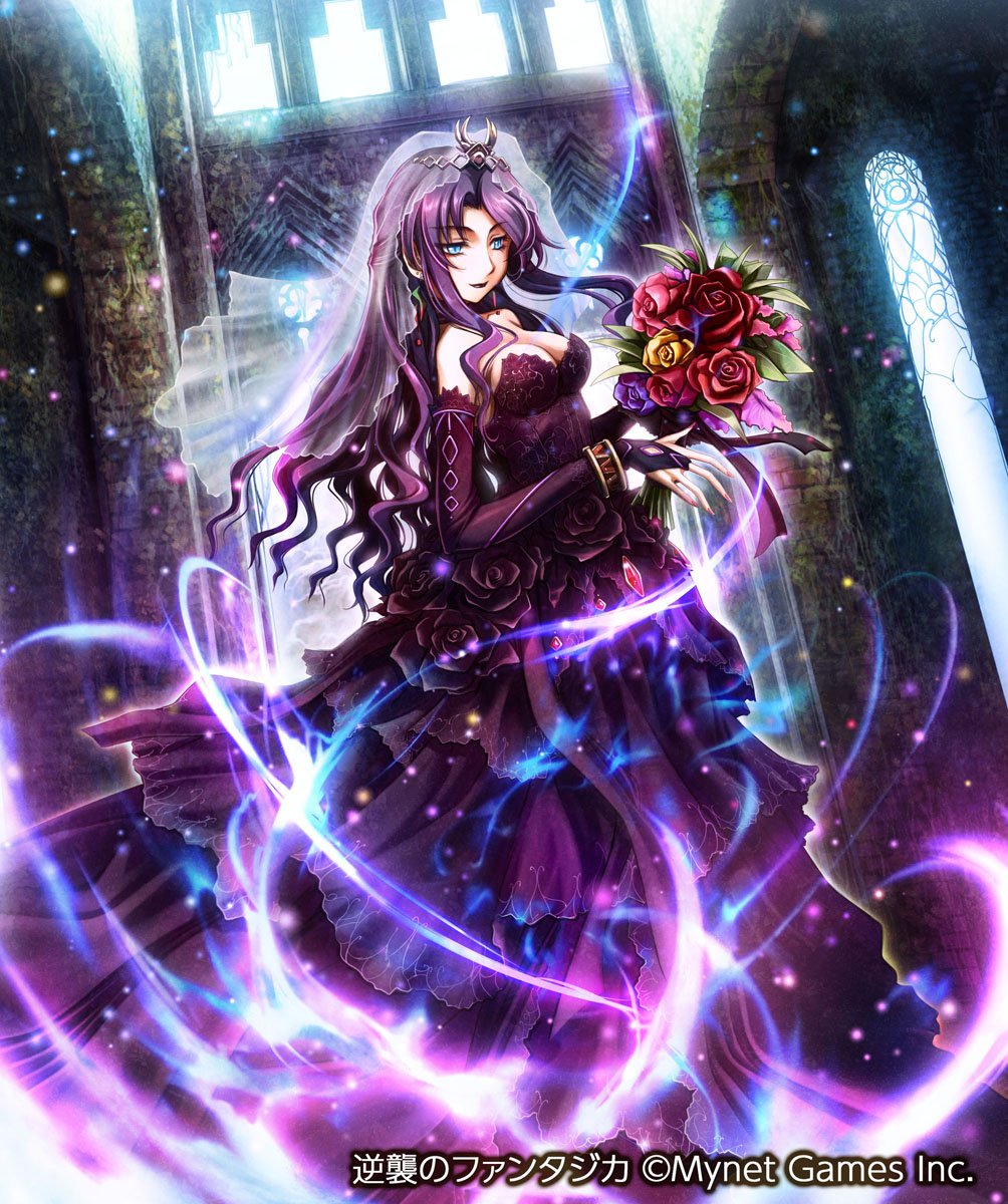 ueda metawo, gyakushuu no fantasica, commentary request, highres, official art, 1girl, bare shoulders, black dress, blue eyes, bouquet, breasts, bridal gauntlets, cleavage, closed mouth, copyright notice, dress, flower, holding, holding bouquet, long hair, looking at viewer, medium breasts, parted bangs, purple flower, purple hair, purple rose, red flower, red rose, rose, see-through clothes, see-through veil, smile, solo, standing, strapless, strapless dress, veil, white veil, yellow flower, yellow rose
