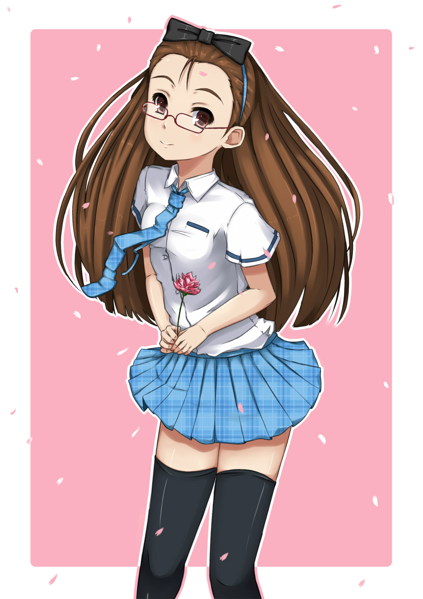 utatoki, minase iori, idolmaster, idolmaster (classic), bad id, bad pixiv id, 00s, 1girl, brown eyes, brown hair, female focus, flower, glasses, latex, long hair, necktie, solo, thighhighs