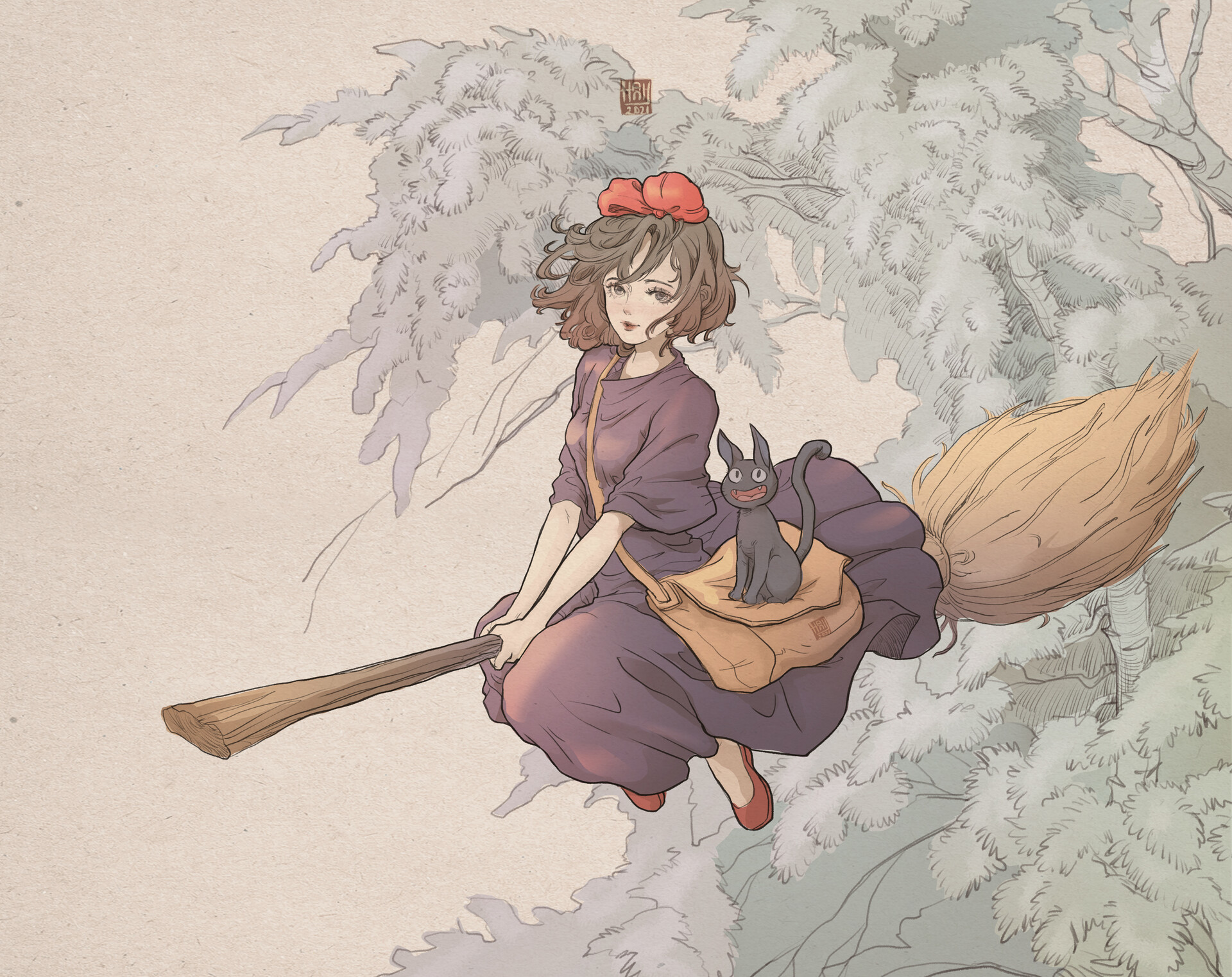 jiji (majo no takkyuubin), kiki (majo no takkyuubin), majo no takkyuubin, commentary, highres, 1girl, animal, artist logo, bag, black cat, black dress, bow, broom, broom riding, brown bag, brown hair, cat, dress, full body, hair bow, hanhhanh, logo, looking at viewer, red bow, red shoes, shoes, shoulder bag, solo, tree