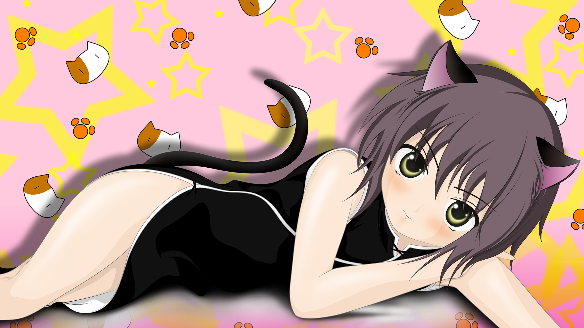 nagato yuki, suzumiya haruhi no yuuutsu, highres, 00s, 1girl, animal ears, blush, cat ears, cat girl, cat tail, china dress, chinese clothes, dress, female focus, kemonomimi mode, lying, purple hair, short hair, solo, star (symbol), tail, yellow eyes