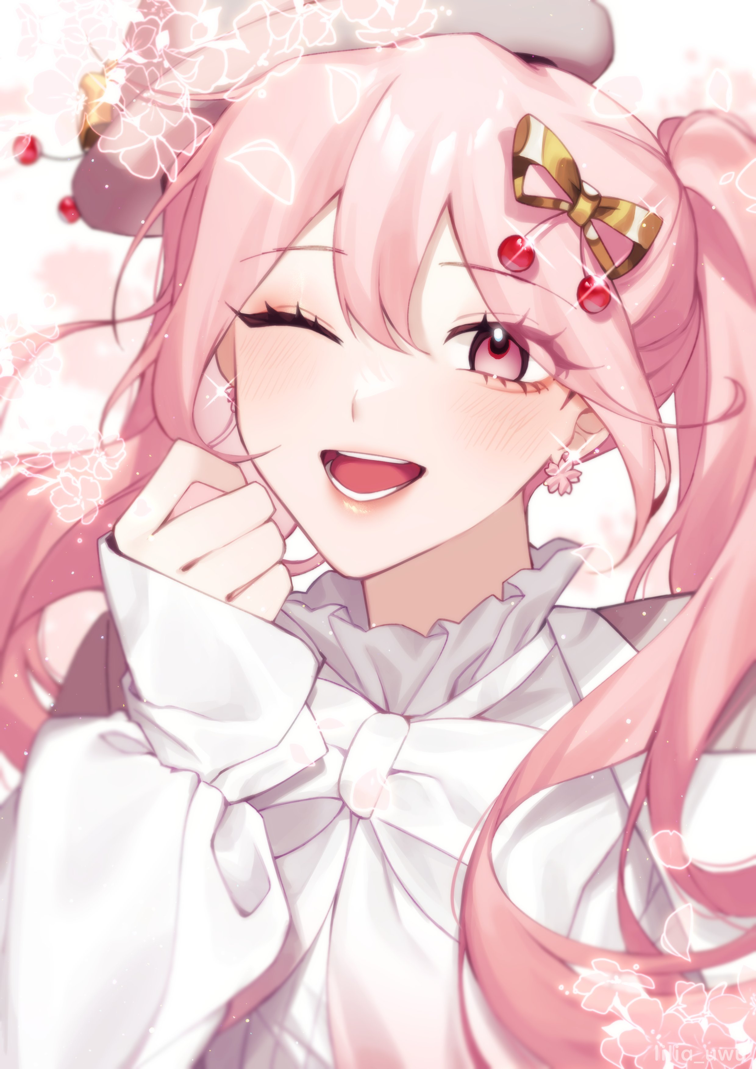 lilia (lilia uwu), hatsune miku, sakura miku, sakura miku (rella), vocaloid, absurdres, commentary, english commentary, highres, 1girl, beret, blush, bow, close-up, earrings, flower earrings, grey hat, grey jacket, hair between eyes, hat, jacket, jewelry, long hair, long sleeves, looking at viewer, official alternate costume, official alternate hairstyle, one eye closed, open mouth, pink eyes, pink hair, smile, solo, twintails, very long hair, white bow