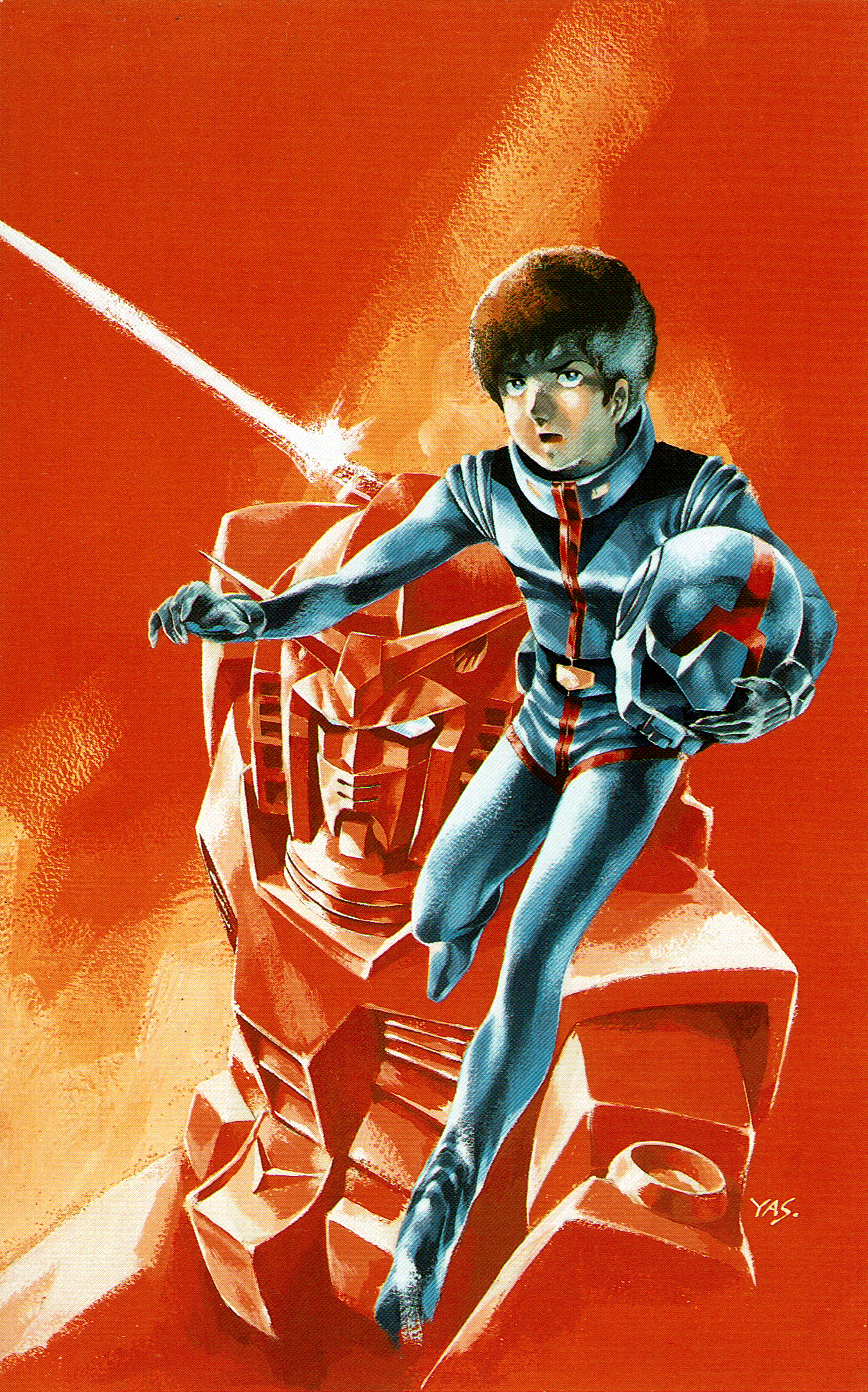 yasuhiko yoshikazu, amuro ray, rx-78-2 gundam, gundam, absurdres, highres, non-web source, 1boy, earth federation, earth federation space forces, helmet, mecha, mecha pilot suit, military, military uniform, robot, signature, space helmet, spacesuit