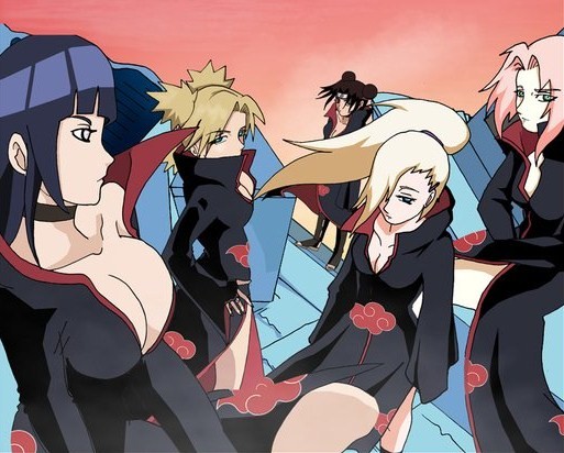 darkgal666, haruno sakura, temari (naruto), tenten (naruto), yamanaka ino, naruto (classic), naruto (series), cropped, 5girls, akatsuki (naruto), breasts, cleavage, hair over one eye, multiple girls