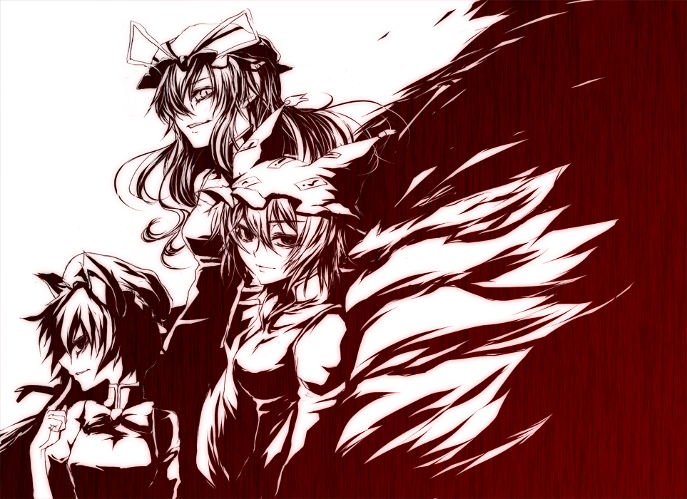 iwamoto eiri, chen, yakumo ran, yakumo yukari, touhou, bad id, bad pixiv id, 3girls, animal ears, brown theme, cat ears, cat girl, cat tail, female focus, fox tail, hair over one eye, hat, monochrome, multiple girls, profile, smirk, tail