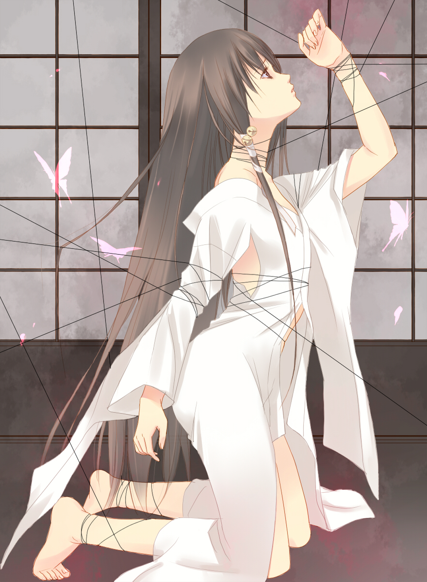 papillon10, fuuchouin kazuki, getbackers, bad id, bad pixiv id, highres, 1boy, barefoot, bell, bound, bug, butterfly, crossdressing, crossdressing (mtf), indoors, insect, long hair, male focus, solo, string, tied up (nonsexual), trap, very long hair