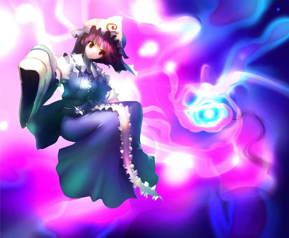 chirigami-san, saigyouji yuyuko, touhou, bad id, bad pixiv id, 1girl, :o, female focus, floating, hat, head tilt, long sleeves, pink hair, red eyes, sleeves past wrists, solo, wide sleeves