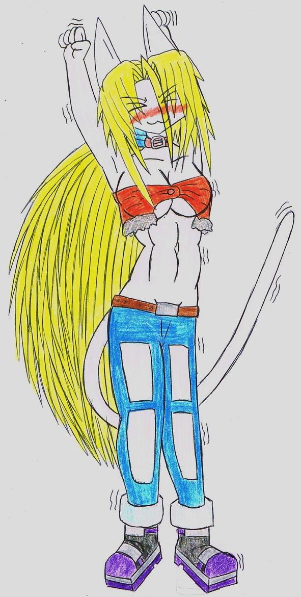 king darkfire (artist), original, blonde hair, breasts, cat, long hair, navel, queen jackie, underboob