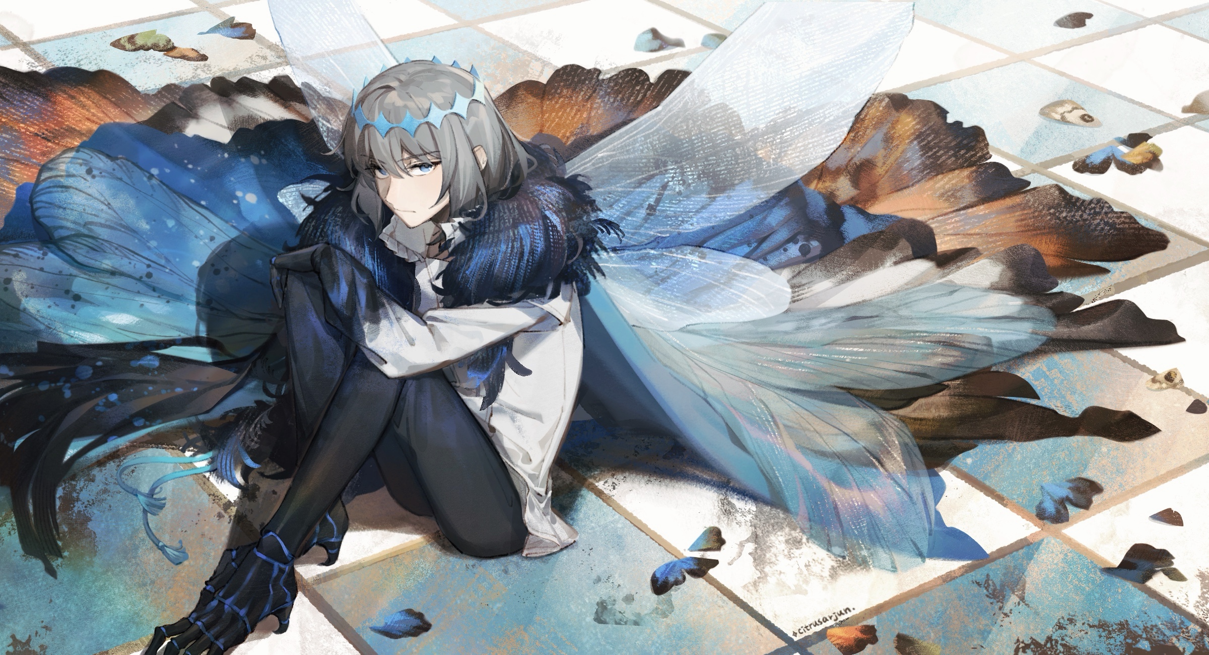 citrusarjun, oberon (fate), oberon (third ascension) (fate), fate/grand order, fate (series), commentary request, highres, 1boy, artist name, blue eyes, crown, fur collar, grey hair, insect wings, male focus, on floor, shirt, sitting, talons, tile floor, tiles, white shirt, wing cape, wings