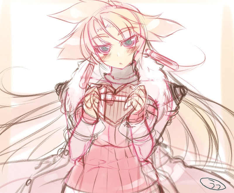 mel/a, original, 1girl, blue eyes, female focus, heart, long hair, orange hair, solo, standing