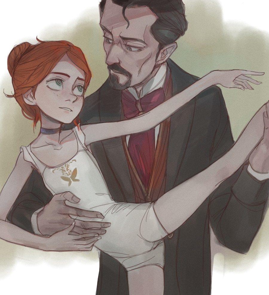 feason, felicie milliner, ballerina (movie), commentary, english commentary, 1boy, 1girl, ballerina, ballet, ballet class clothes, beard, black hair, black jacket, facial hair, feet out of frame, freckles, green eyes, holding another's waist, jacket, looking at another, mature male, old, old man, red hair, red ribbon, ribbon, simple background