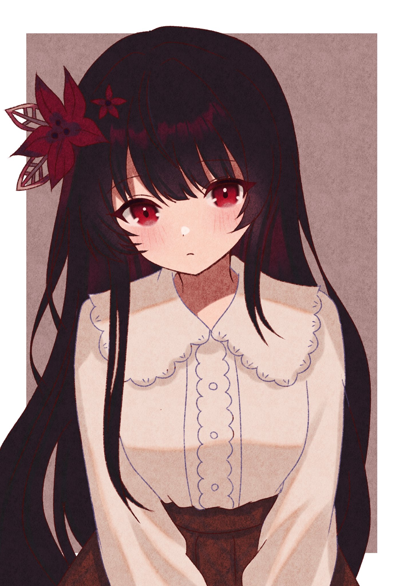 yua 666666, nikaido hiro, mahou shoujo no majo saiban, commentary request, highres, 1girl, black hair, border, brown skirt, closed mouth, collared shirt, flower, grey background, hair flower, hair ornament, long hair, long sleeves, looking at viewer, official alternate costume, outside border, red eyes, red flower, shirt, skirt, solo, treasure cafe, white border, white shirt