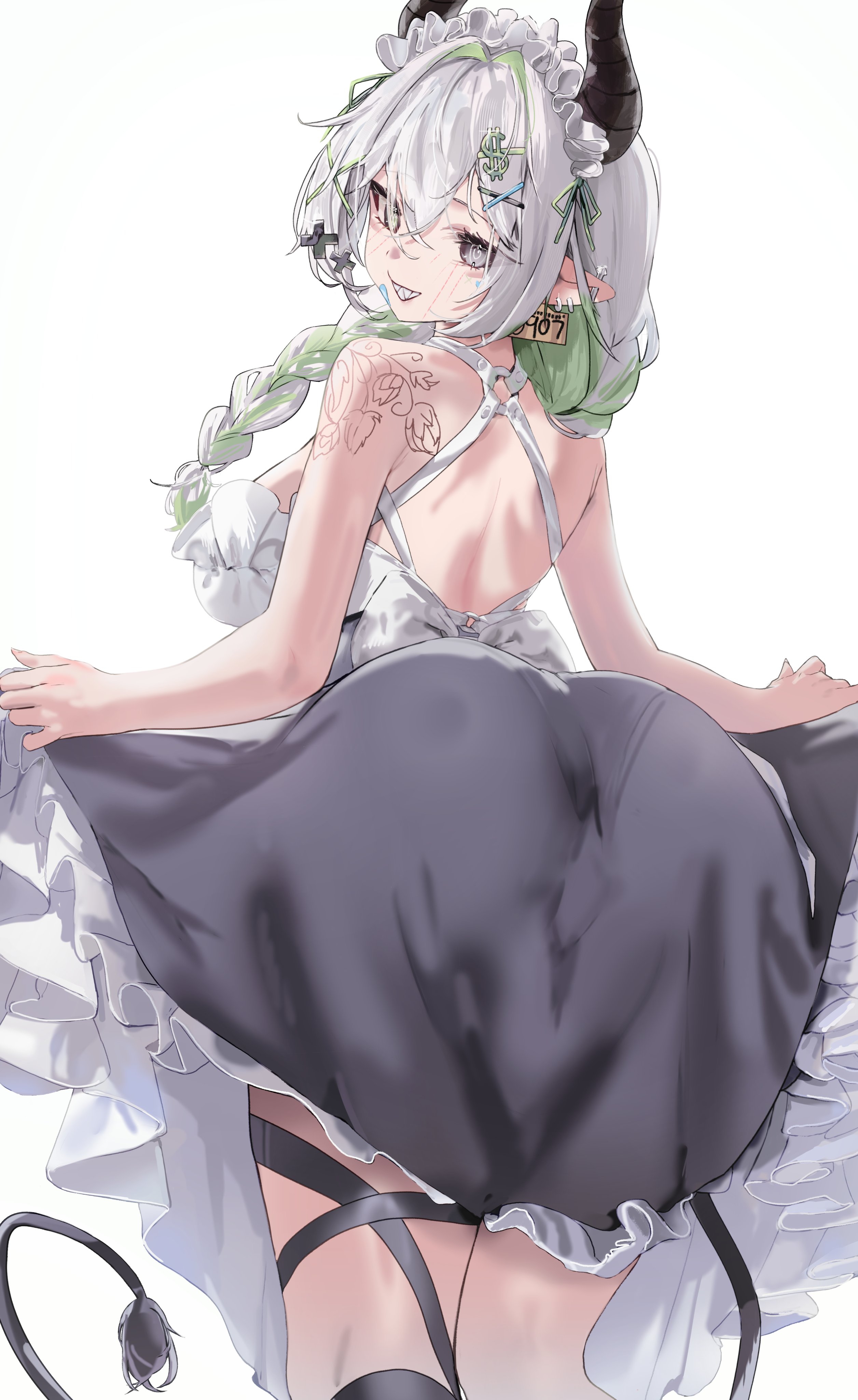 krabking, original, absurdres, commentary, highres, symbol-only commentary, 1girl, @ @, ass, ass focus, bare arms, bare back, bare shoulders, black dress, black horns, blush, braid, breasts, dollar hair ornament, dress, ear piercing, ear tag, feet out of frame, flower tattoo, frilled dress, frilled hairband, frills, from behind, green hair, green streaks, grey eyes, hair between eyes, hair ornament, hairband, horns, large breasts, long hair, looking at viewer, multicolored dress, multicolored hair, piercing, shoulder tattoo, simple background, single braid, skirt hold, sleeveless, smile, solo, tail, tattoo, two-tone dress, two-tone hair, white background, white dress, white hair, x hair ornament