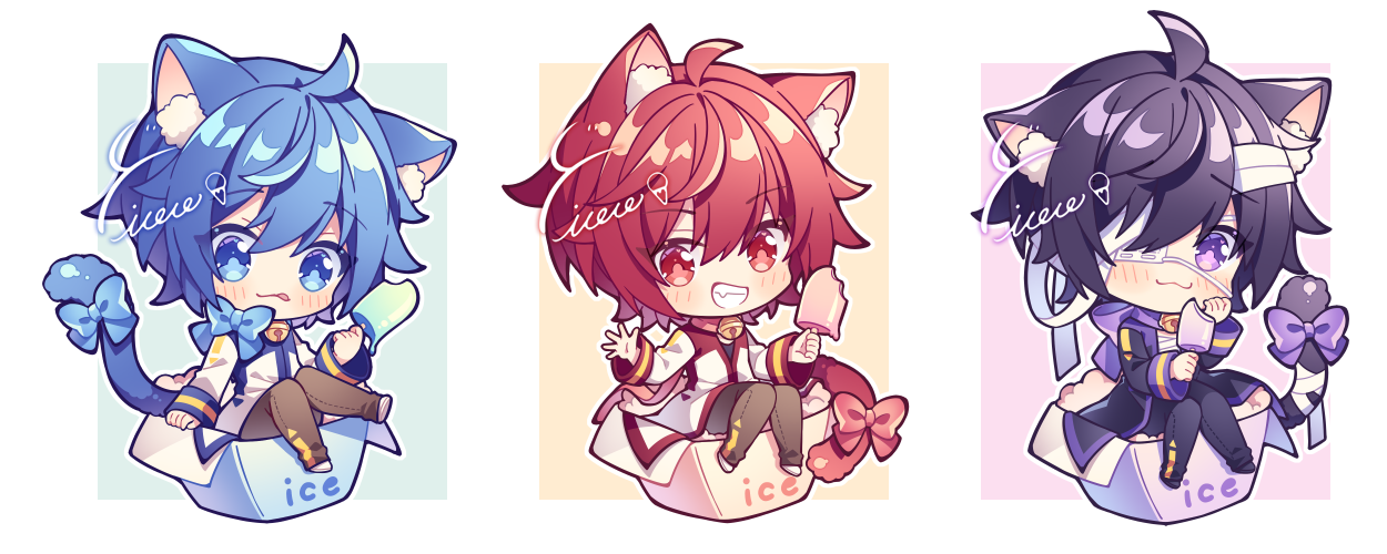 hyou (pixiv3677917), akaito, kaito (vocaloid), vocaloid, commentary, symbol-only commentary, 3boys, :3, :d, :p, ahoge, animal ear fluff, animal ears, black hair, blue bow, blue eyes, blue hair, blush, border, bow, cat boy, cat ears, cat tail, food, full body, green background, grin, hair between eyes, holding, holding food, holding popsicle, kemonomimi mode, looking at viewer, male focus, multiple boys, multiple persona, open mouth, outside border, pink background, popsicle, purple eyes, red eyes, red hair, short hair, simple background, sitting, smile, tail, tongue, tongue out, white border, yellow background