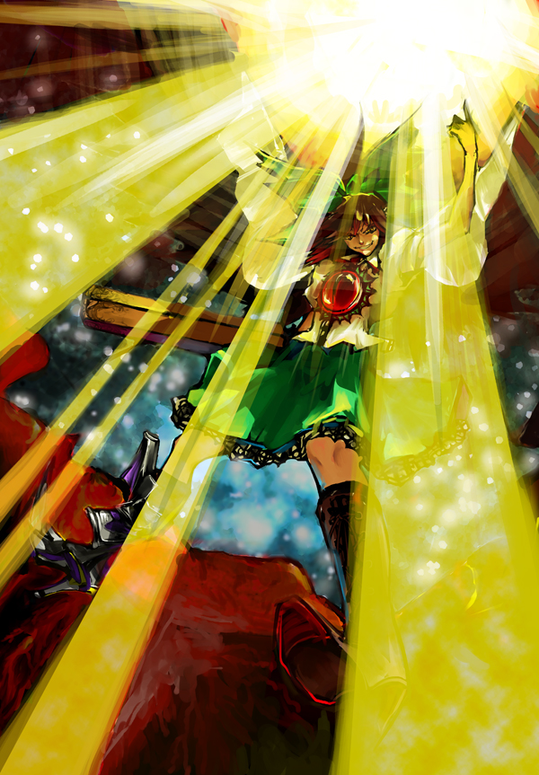 trnth, reiuji utsuho, touhou, 1girl, bow, brown hair, female focus, long hair, red eyes, solo, sun, wings