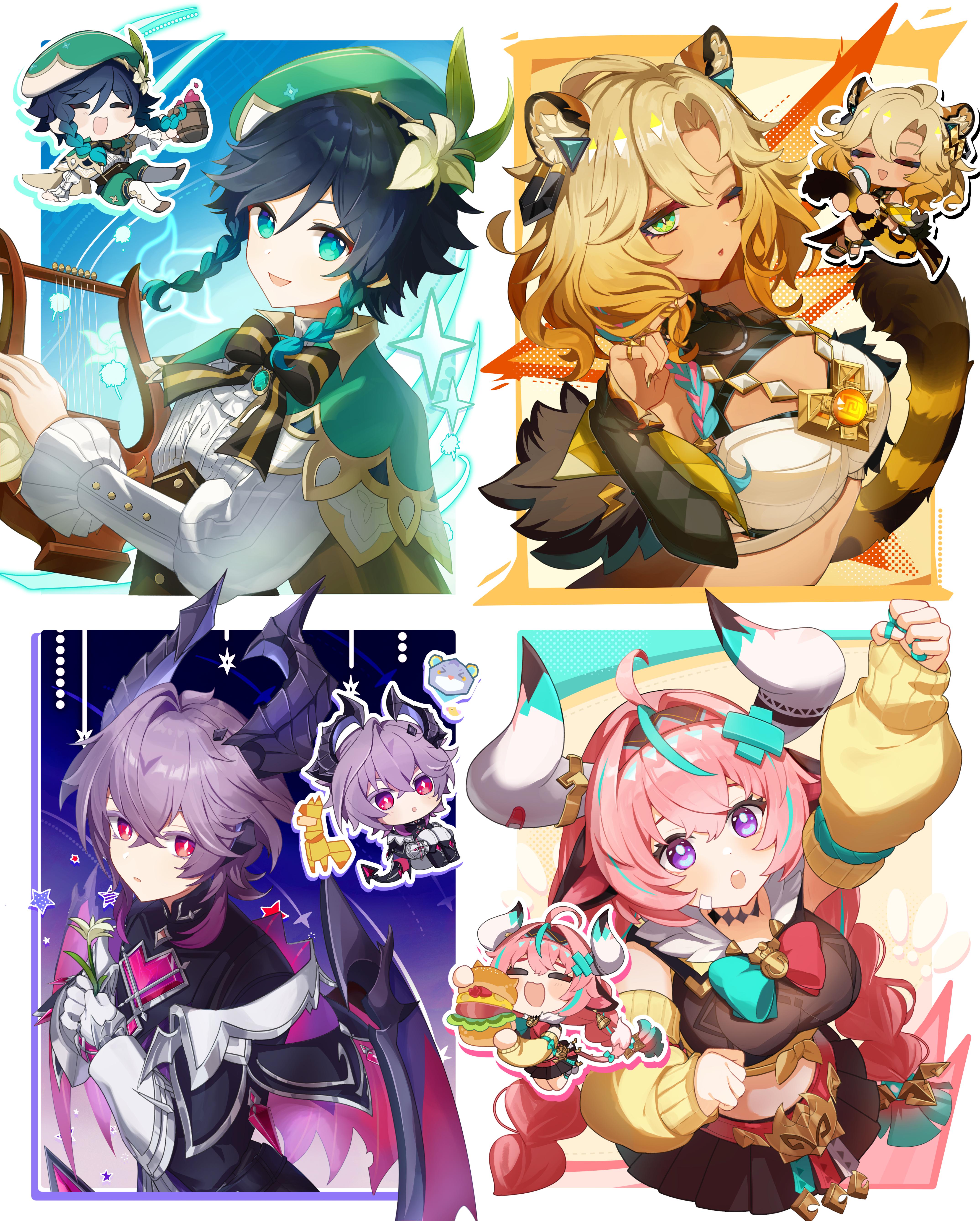 merry-san, durin (genshin impact), varesa (genshin impact), venti (genshin impact), xilonen (genshin impact), genshin impact, absurdres, commentary, english commentary, highres, second-party source, 2boys, 2girls, animal ear fluff, animal ears, aqua streaks, arm up, bandaid on horn, beret, black hair, blonde hair, blue hair, braid, breasts, cape, cecilia flower (genshin impact), chibi, chibi inset, cleavage, cow girl, cow horns, detached sleeves, dragon boy, dragon horns, dragon wings, flower, geo symbol (genshin impact), gradient hair, green cape, green eyes, green hat, guest art, hair between eyes, hairband, hat, heart-shaped gem, holding, holding flower, holding instrument, holding lyre, horns, instrument, jaguar ears, jaguar girl, jaguar tail, jewelry, large breasts, long hair, long sleeves, looking at viewer, low twin braids, lyre, multicolored hair, multicolored hairband, multiple boys, multiple girls, music, one eye closed, pendant, pink hair, playing instrument, purple eyes, purple hair, red eyes, shirt, short hair with long locks, side braids, streaked hair, tail, twin braids, upper body, vision (genshin impact), white flower, white shirt, wings, yellow sleeves