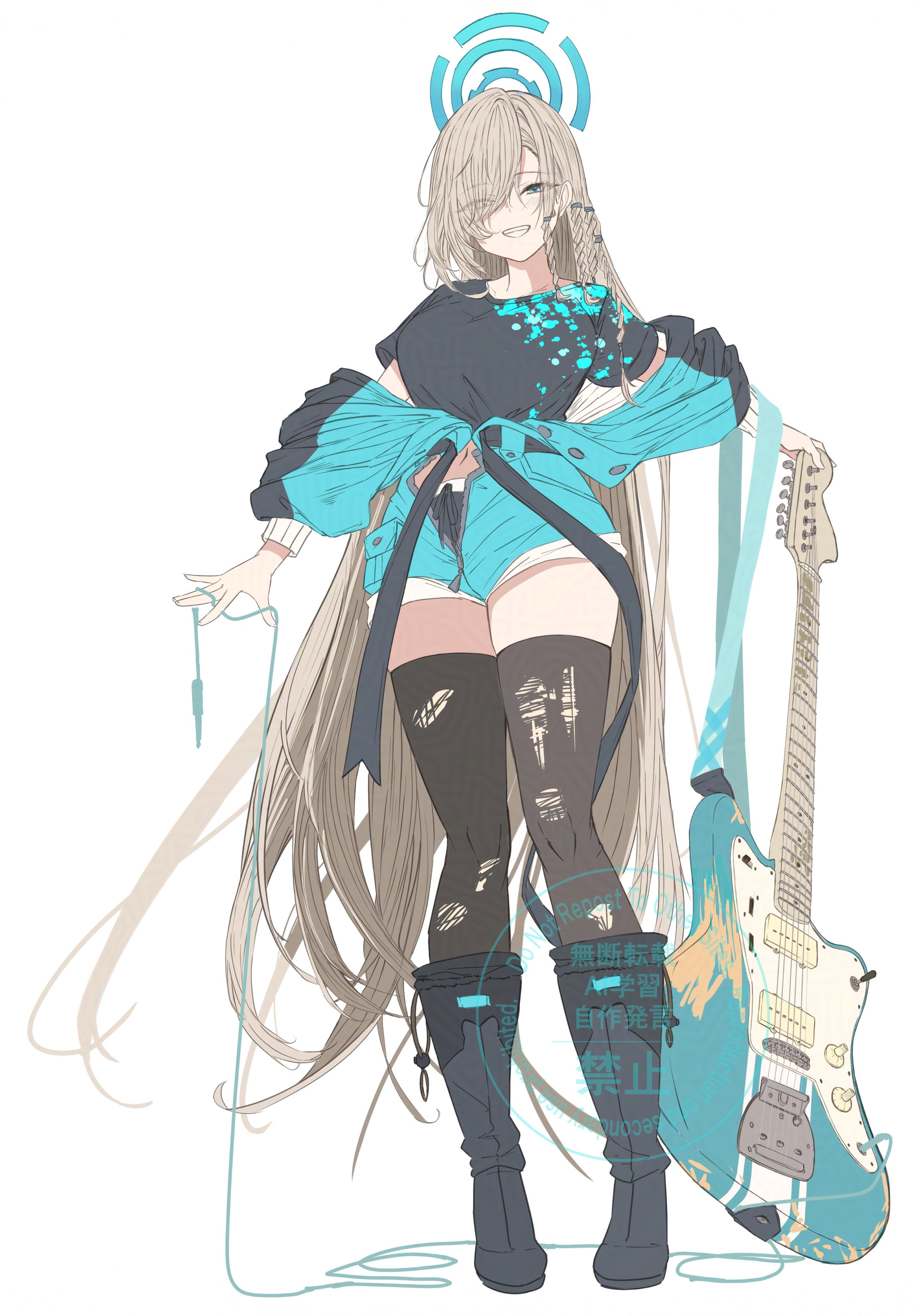yatsuka (846), asuna (blue archive), blue archive, absurdres, commentary request, highres, 1girl, black boots, black shirt, black shoes, black shorts, black thighhighs, blonde hair, blue eyes, blue halo, blue jumpsuit, boots, braid, breasts, cable, eyes visible through hair, grin, guitar, hair over one eye, halo, instrument, jumpsuit, large breasts, long hair, looking at viewer, multiple braids, partially undressed, shirt, shoes, shorts, smile, solo, thighhighs, thighs, torn clothes, torn thighhighs, very long hair