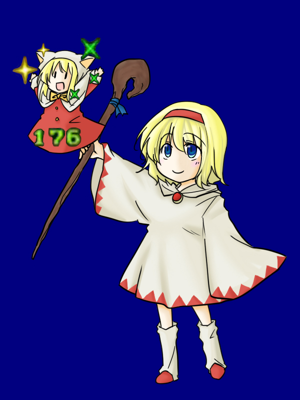 lysander z, alice margatroid, shanghai doll, white mage (final fantasy), final fantasy, touhou, 1girl, blonde hair, blue eyes, damage numbers, female focus, gameplay mechanics, hairband, matching shanghai, parody, short hair, solo, staff