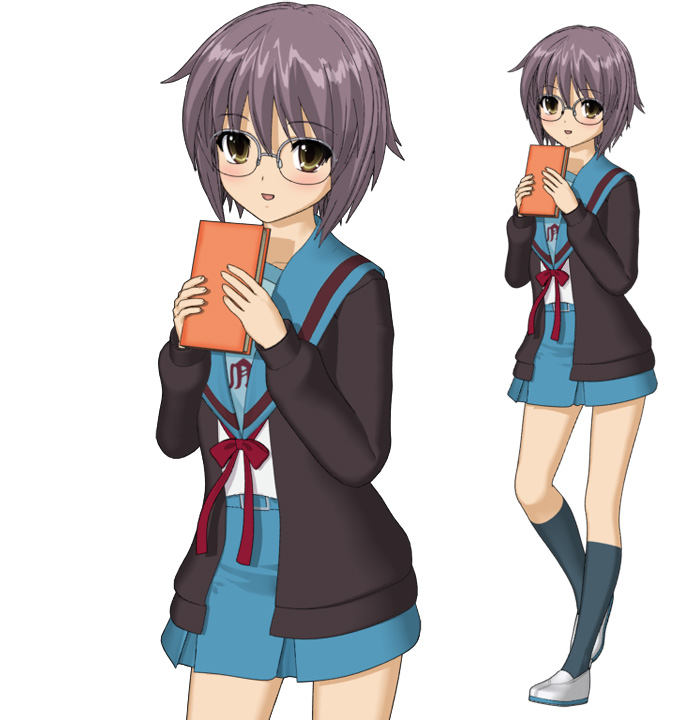 hokusen, nagato yuki, suzumiya haruhi no yuuutsu, 00s, 1girl, 3d, book, cardigan, female focus, glasses, kneehighs, school uniform, serafuku, shoes, simple background, skirt, smile, socks, solo, uwabaki, white background