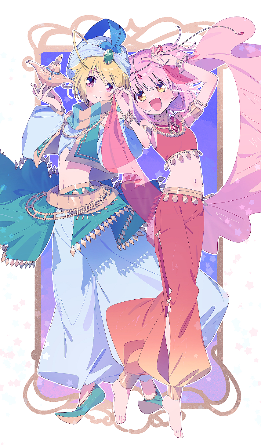 serizawa serizane, hinamori amu, hotori tadase, shugo chara!, commentary request, highres, ahoge, alternate costume, arabian clothes, armlet, arms up, bandana, bangle, bare shoulders, barefoot, blonde hair, blue background, bracelet, circlet, closed mouth, clothing cutout, crop top, gem, gem hair ornament, gold bracelet, green gem, green scarf, green shoes, hair ornament, harem outfit, harem pants, hat feather, holding lamp, jewelry, lamp, leg cutout, light blush, long hair, navel, one side up, open mouth, outline, pants, picture frame, pink eyes, pink hair, pink shawl, pointy shoes, puffy pants, red pants, red shawl, red shirt, scarf, shawl, shirt, shoes, short hair, sleeveless, sleeveless shirt, smile, stomach, striped clothes, striped scarf, tassel, tassel hair ornament, tiptoes, toes, turban, turtleneck, turtleneck shirt, twitter username, two-sided fabric, two-sided shawl, two-tone background, two-tone scarf, white background, white bandana, white outline, white pants, white shirt, yellow eyes, yellow scarf