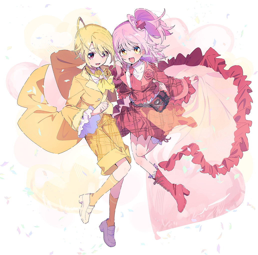 serizawa serizane, hinamori amu, hotori tadase, shugo chara!, commentary request, 1boy, 1girl, ahoge, alternate costume, ascot, balloon, belt, belt bag, black belt, blazer, blonde hair, blush, boots, boutonniere, buttons, clenched hand, coat, coattails, collared coat, collared jacket, collared shirt, confetti, dot nose, eyelashes, floating clothes, flower, footwear ribbon, frilled footwear, frilled jacket, frilled sleeves, frills, full body, hair ornament, heart balloon, high heel boots, high heels, jacket, jewelry, kneehighs, lace-up boots, lapels, loafers, locked arms, long sleeves, loose hair strand, miniskirt, necktie, notched lapels, one side up, open clothes, open coat, open mouth, pink bag, pink boots, pink eyes, pink flower, pink hair, pink jacket, pink necktie, pink rose, pink skirt, plaid clothes, plaid jacket, plaid shorts, plaid skirt, pleated skirt, ribbon, rose, shirt, shoes, short hair, shorts, skirt, skirt hold, skirt set, smile, socks, studded belt, tailcoat, train (clothing), twitter username, white background, white ribbon, white shirt, white shoes, wide sleeves, x hair ornament, yellow ascot, yellow coat, yellow eyes, yellow flower, yellow rose, yellow shorts, yellow socks
