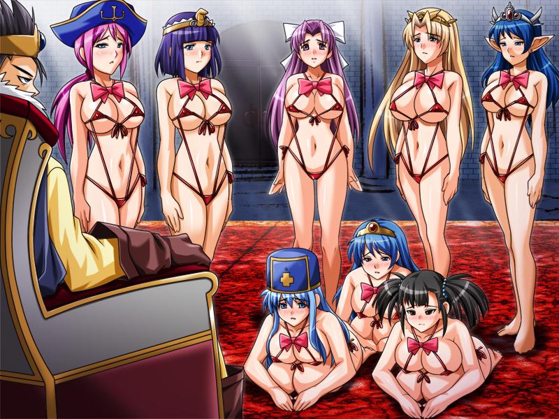 untitled artist 7, martial artist (dq3), priest (dq3), roto (dq3), sage (dq3), chunsoft, dragon quest, dragon quest iii, enix, artist request, character request, source request, 1boy, 6+girls, bikini, blonde hair, blue hair, blush, bored, bow, breasts, brown hair, cleavage, covered erect nipples, hair ribbon, large breasts, multiple girls, one-piece swimsuit, pointy ears, purple hair, queen of isis, red one-piece swimsuit, ribbon, side-tie bikini bottom, slingshot swimsuit, swimsuit