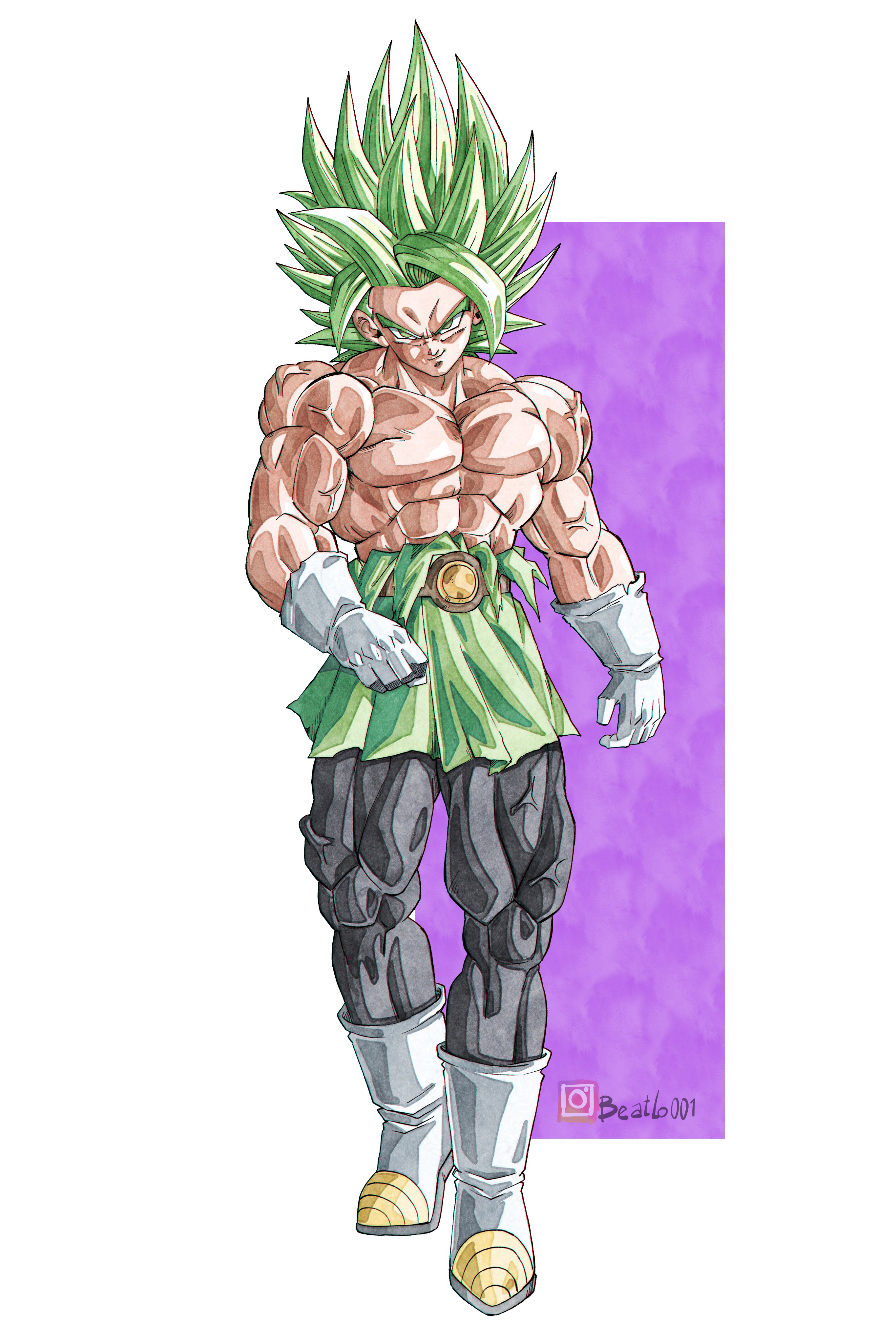 beatlo (rodrigo38658978), son gohan, dragon ball, dragonball z, absurdres, highres, black pants, boots, full body, gloves, green eyes, green hair, legendary super saiyan, medium hair, muscular, muscular male, pants, simple background, spiked hair, super saiyan, topless male, torn tunic, white background, white boots, white gloves