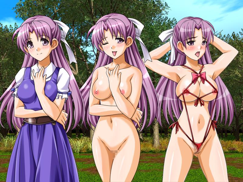 untitled artist 7, dragon quest, artist request, character request, bikini, blush, breasts, censored, comparison, decent and indecent, large breasts, one-piece swimsuit, pussy, red one-piece swimsuit, side-tie bikini bottom, string bikini, swimsuit