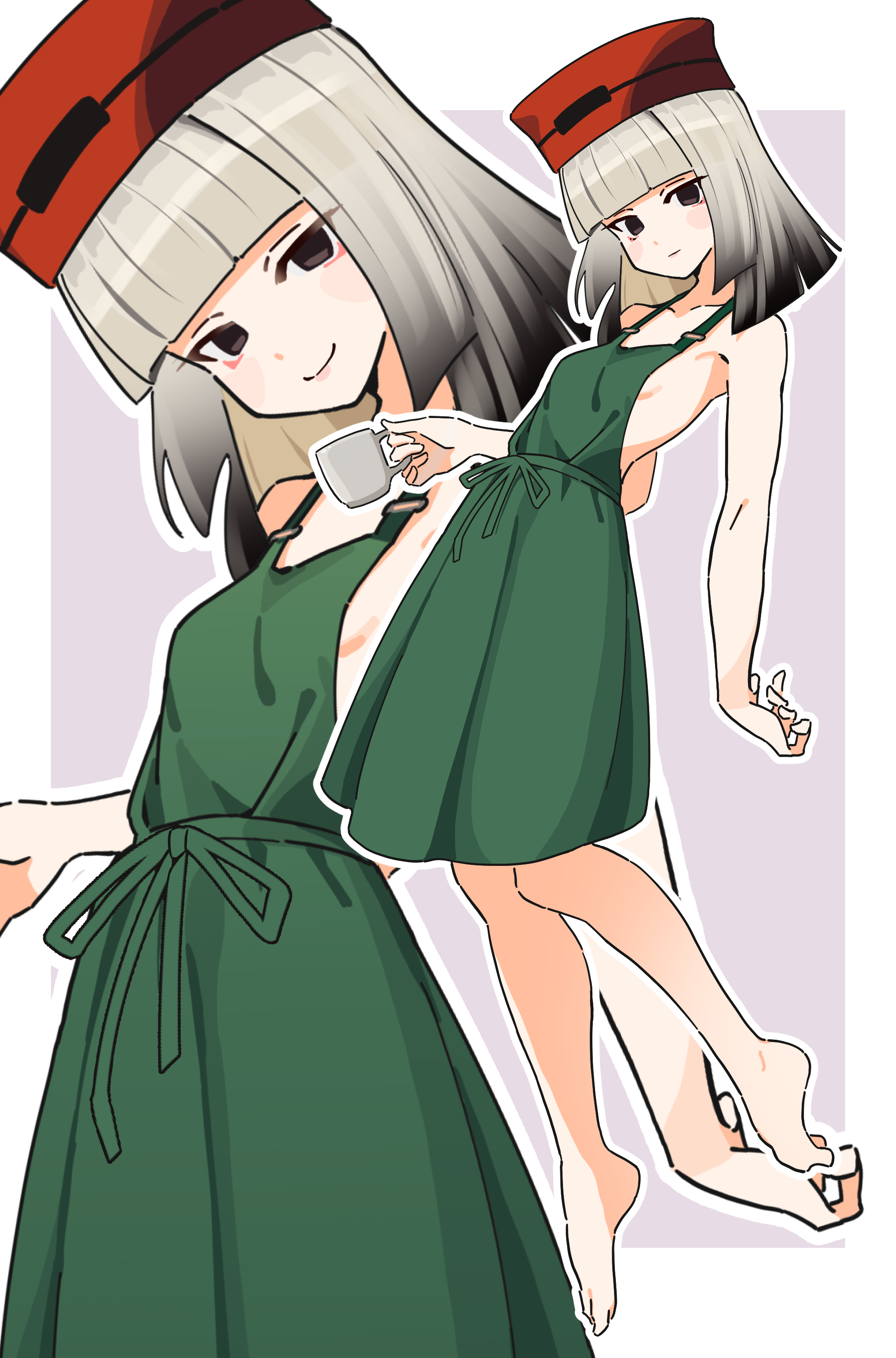 noyama takenoko, sen no rikyu (fate), fate/grand order, fate (series), absurdres, commentary request, highres, 1girl, apron, bare shoulders, barefoot, black eyes, blunt bangs, blush, breasts, coffee mug, collarbone, cup, full body, gradient hair, green apron, grey hair, hat, looking at viewer, mug, multicolored hair, multiple views, naked apron, red hat, short hair, small breasts, smile