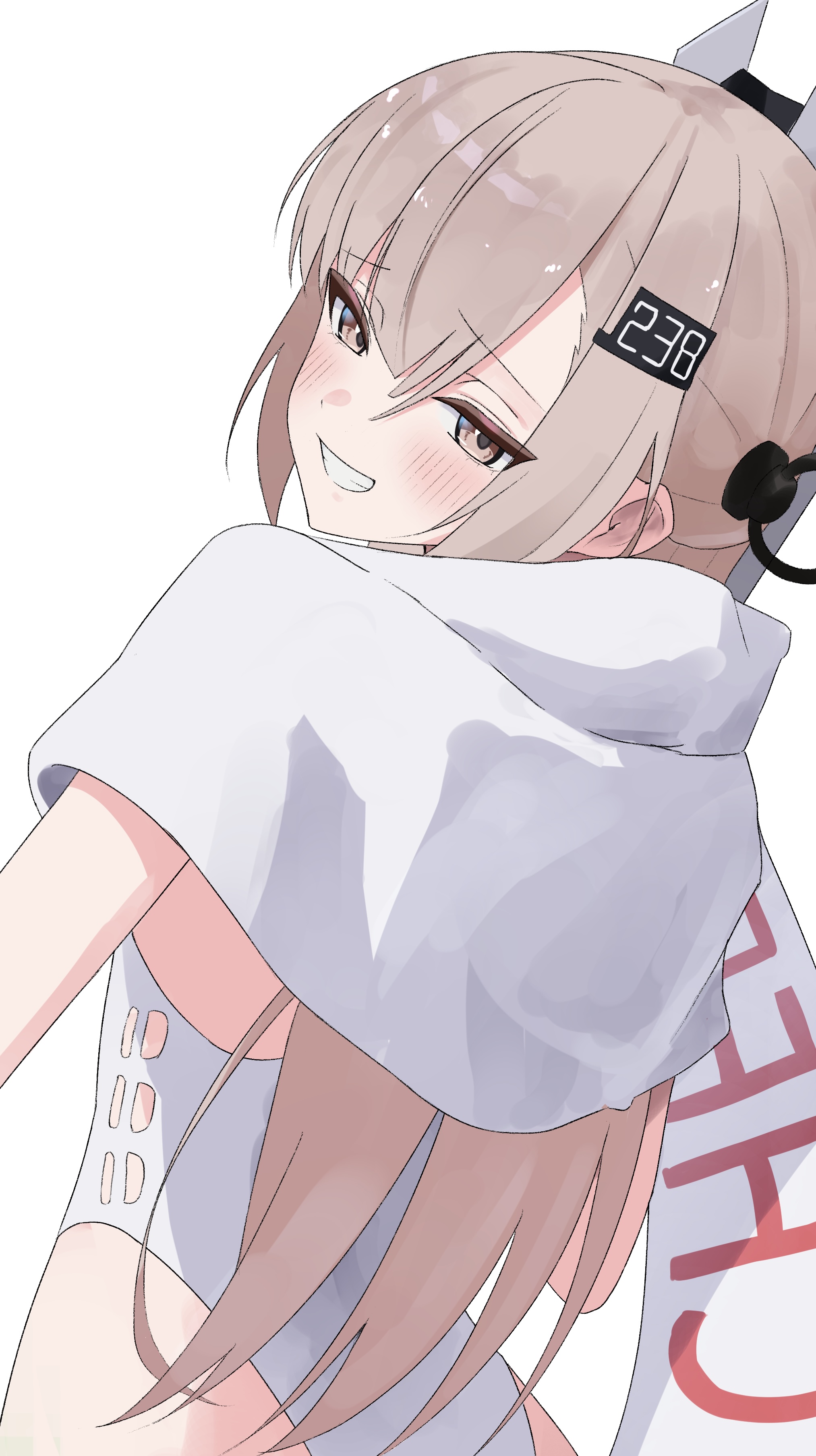 l meet, wahoo (kancolle), wahoo kai (kancolle), kantai collection, absurdres, commentary request, highres, 1girl, blush, from behind, grey eyes, grin, headgear, highleg, highleg one-piece swimsuit, long hair, looking at viewer, looking back, one-piece swimsuit, print scarf, scarf, simple background, smile, solo, swimsuit, white background, white one-piece swimsuit, white scarf