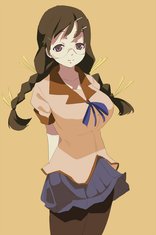 kotoba, kotoba (kotobato), hanekawa tsubasa, bakemonogatari, monogatari (series), nekomonogatari, 00s, 10s, 1girl, braid, breasts, female focus, glasses, large breasts, pantyhose, school uniform, skirt, solo, twin braids