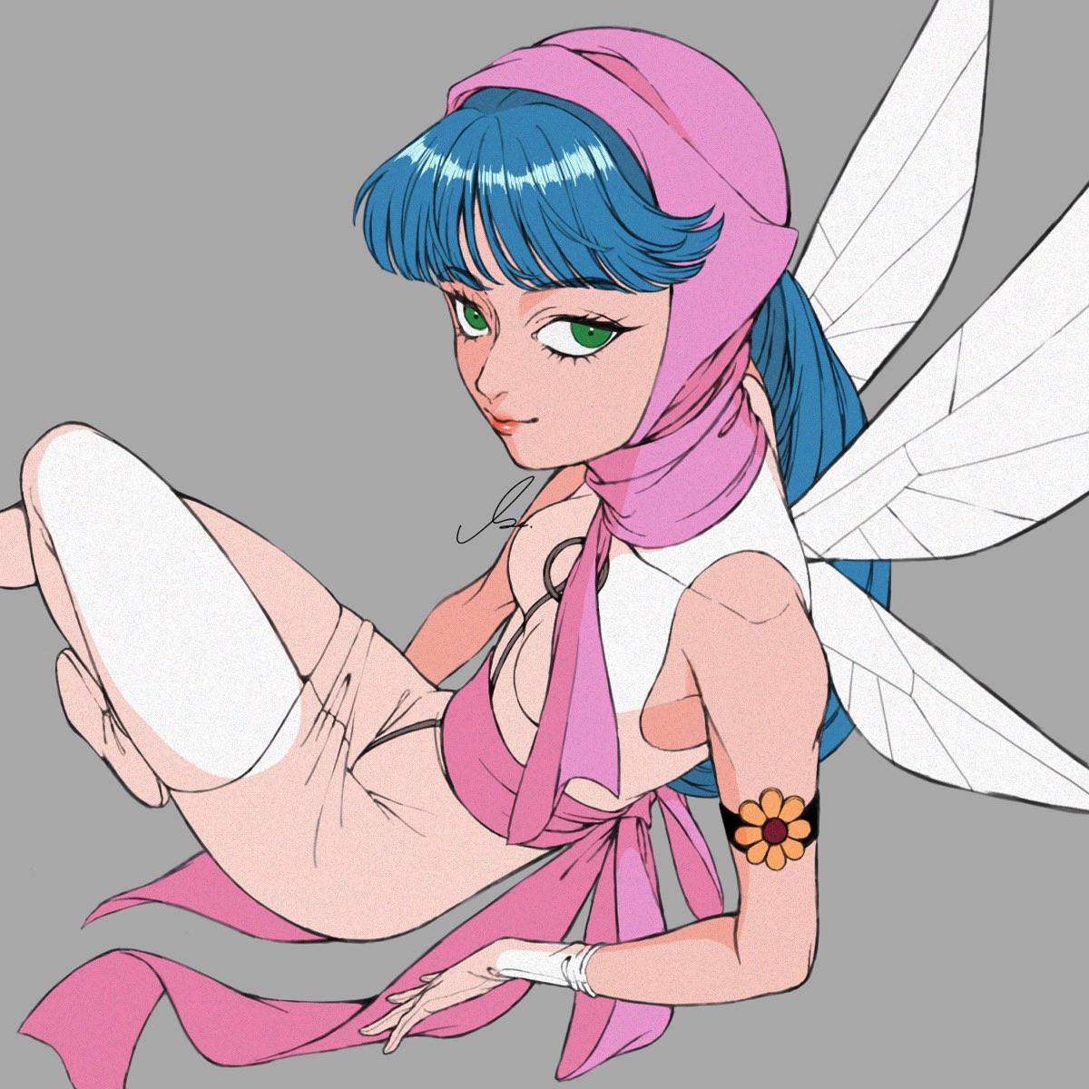 s ir s, pixie (megami tensei), devil summoner (game), devil summoner (series), bad id, bad twitter id, highres, 1girl, armband, artist name, bare shoulders, blue hair, breasts, closed mouth, demon (megami tensei), fairy, fairy wings, from side, full-length zipper, gloves, green eyes, headscarf, looking at viewer, o-ring, pantyhose, pink headscarf, pink sash, pink scarf, ribbon, sash, scarf, shoes, simple background, solo, swept bangs, waist sash, white gloves, white pantyhose, white shoes, wings, zipper