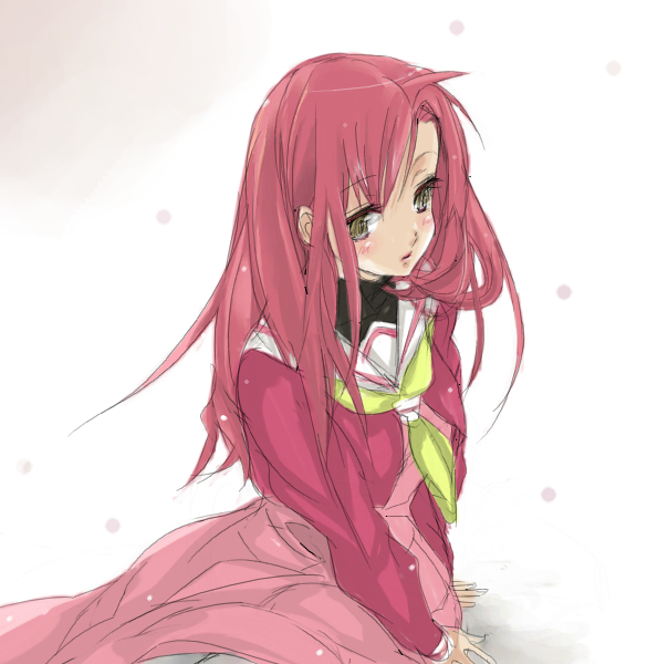 azunya!, katsura hinagiku, hayate no gotoku!, bad id, bad pixiv id, 00s, 1girl, blush, female focus, gradient background, long hair, pink hair, school uniform, serafuku, sketch, solo, white background, yellow eyes