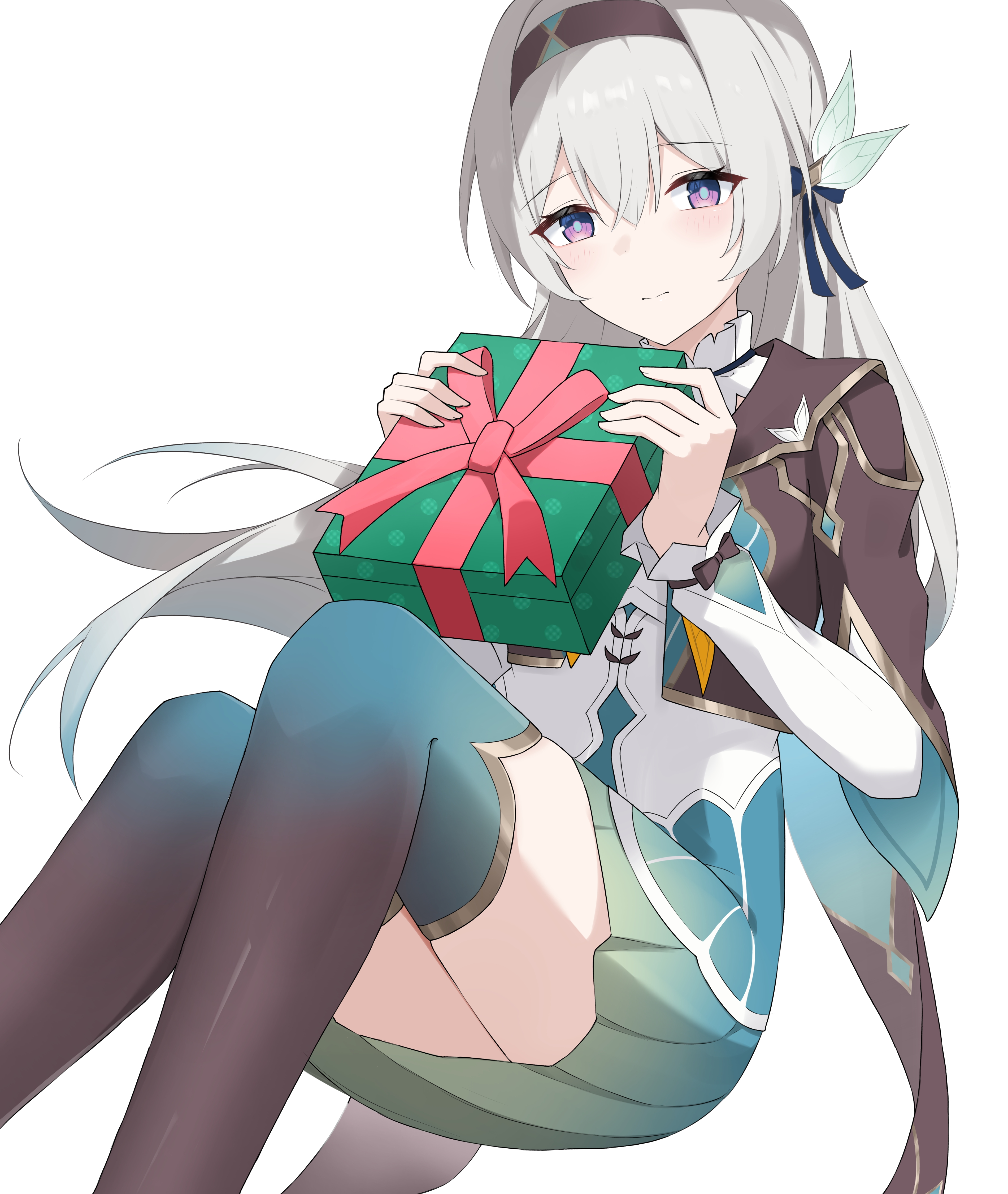nicel, firefly (honkai: star rail), honkai: star rail, honkai (series), absurdres, commentary, english commentary, highres, 1girl, aqua skirt, aqua thighhighs, black hairband, black jacket, blue pupils, box, cropped jacket, feet out of frame, gift, gift box, grey hair, hair between eyes, hair ornament, hairband, holding, holding box, holding gift, jacket, knees up, light smile, long hair, long sleeves, looking at viewer, neckerchief, orange neckerchief, purple eyes, shirt, simple background, sitting, skirt, solo, thighhighs, white background, white shirt, zettai ryouiki