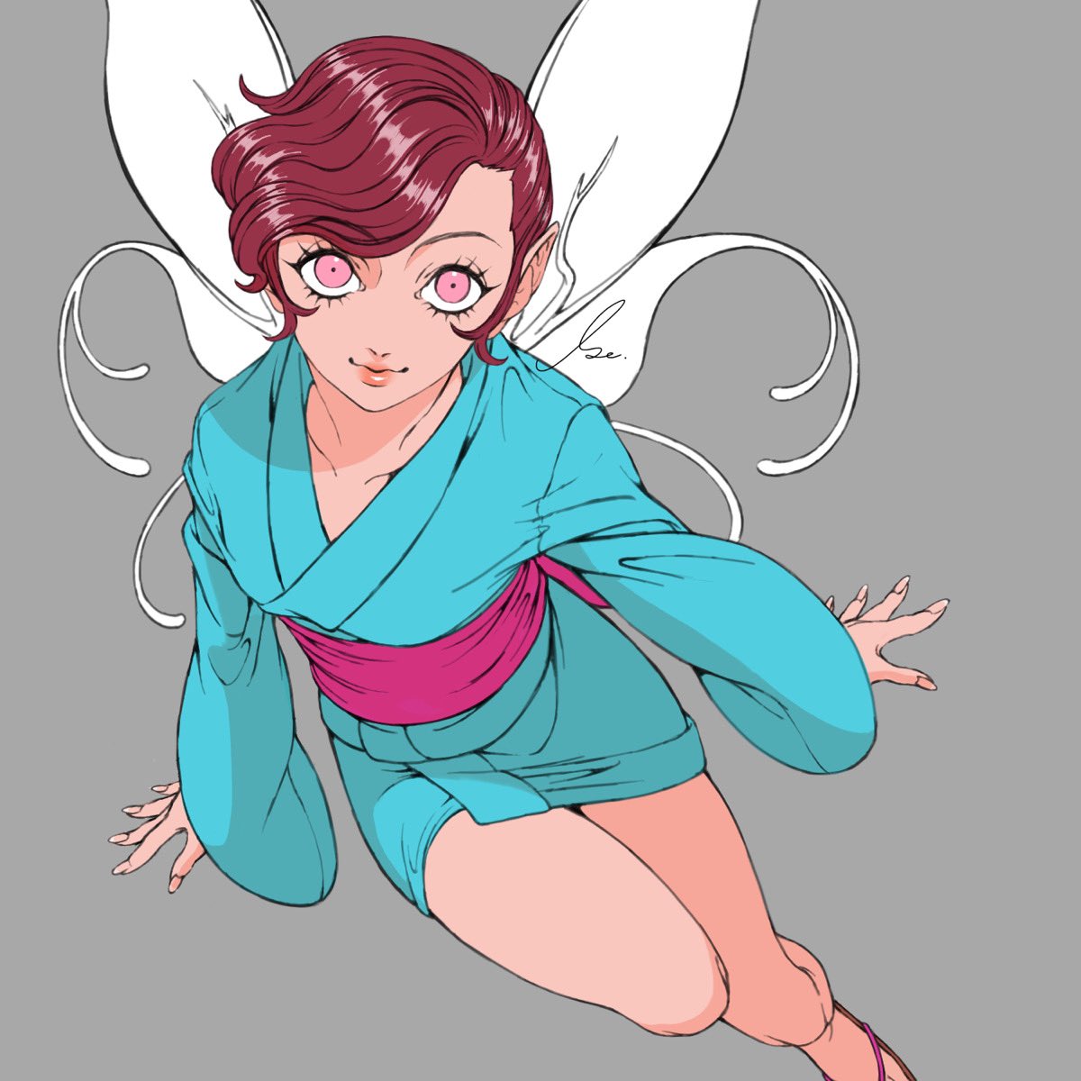 s ir s, pixie (megami tensei), shin megami tensei, bad id, bad twitter id, highres, 1girl, aqua kimono, artist name, brown hair, closed mouth, collarbone, demon (megami tensei), fairy, fairy wings, japanese clothes, kimono, looking at viewer, nail polish, pink eyes, sandals, simple background, solo, swept bangs, thighs, wings