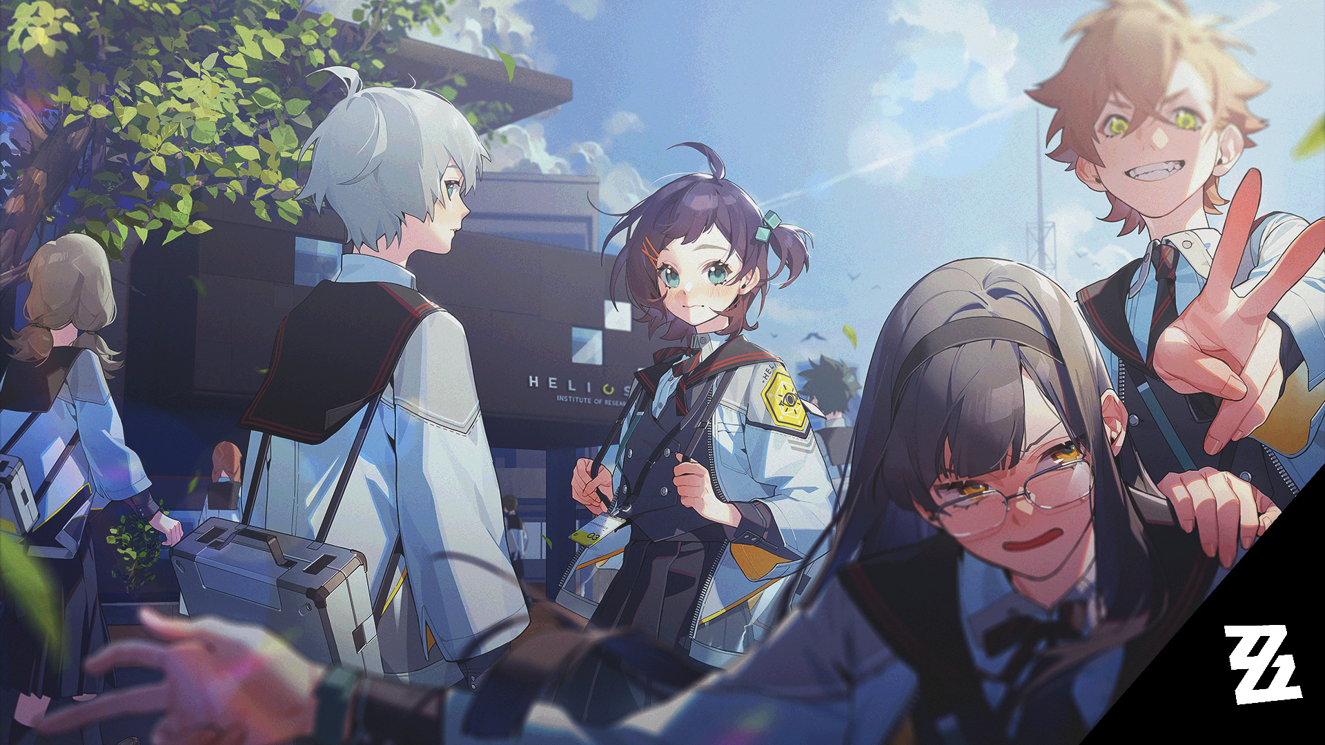 belle (zenless zone zero), wise (zenless zone zero), zenless zone zero, highres, official art, third-party source, 2boys, 2girls, ahoge, annoyed, backpack, bag, black hair, blonde hair, blue hair, blush, brother and sister, copyright logo, glasses, green eyes, grey hair, grin, hair ornament, hairband, hairclip, id card, lanyard, logo, looking at viewer, multiple boys, multiple girls, school, school uniform, siblings, smile, v, v-shaped eyebrows, yellow eyes