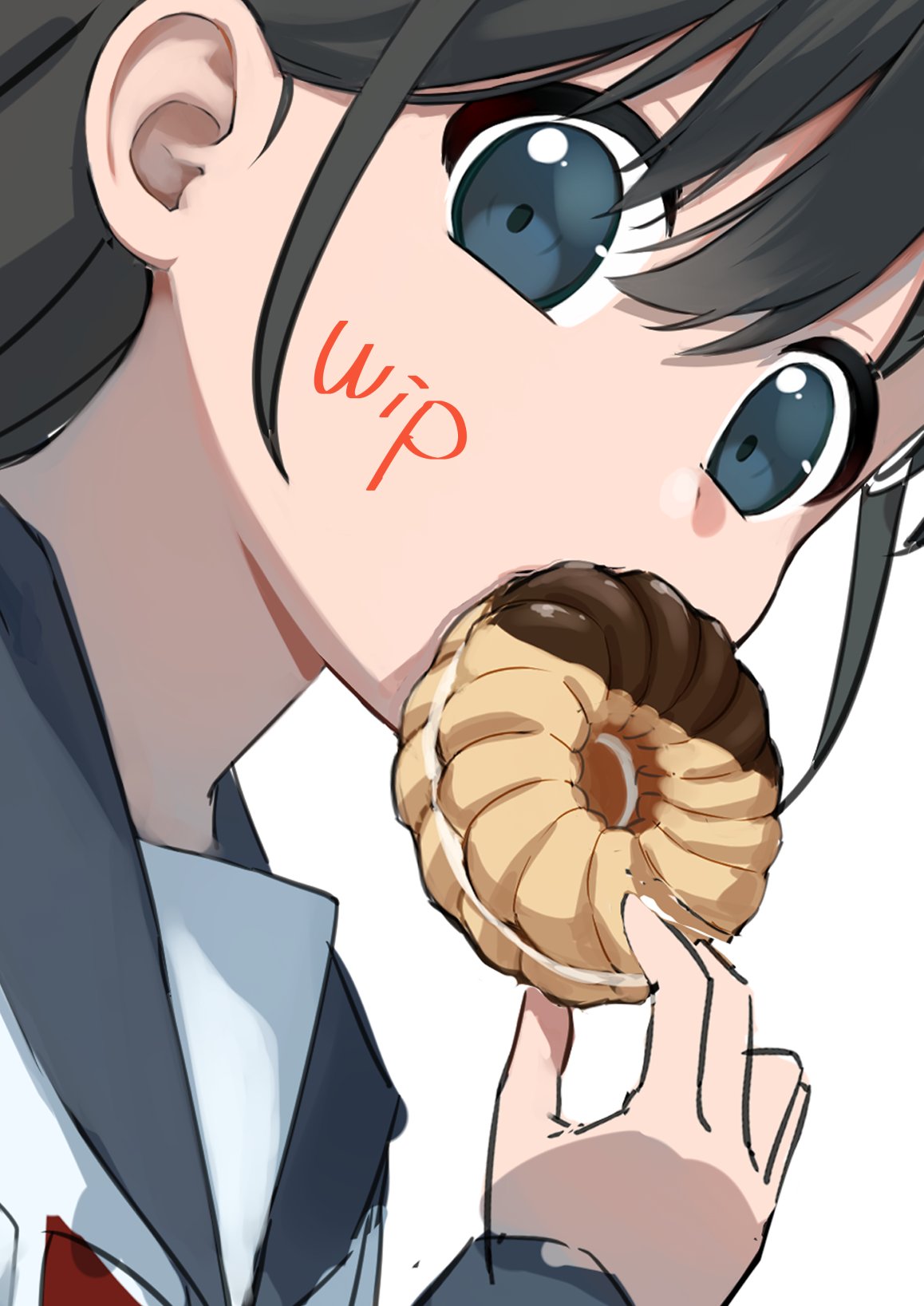 asuka gin, original, highres, unfinished, 1girl, black hair, collared shirt, food, necktie, portrait, shirt, simple background, solo, white background, white shirt