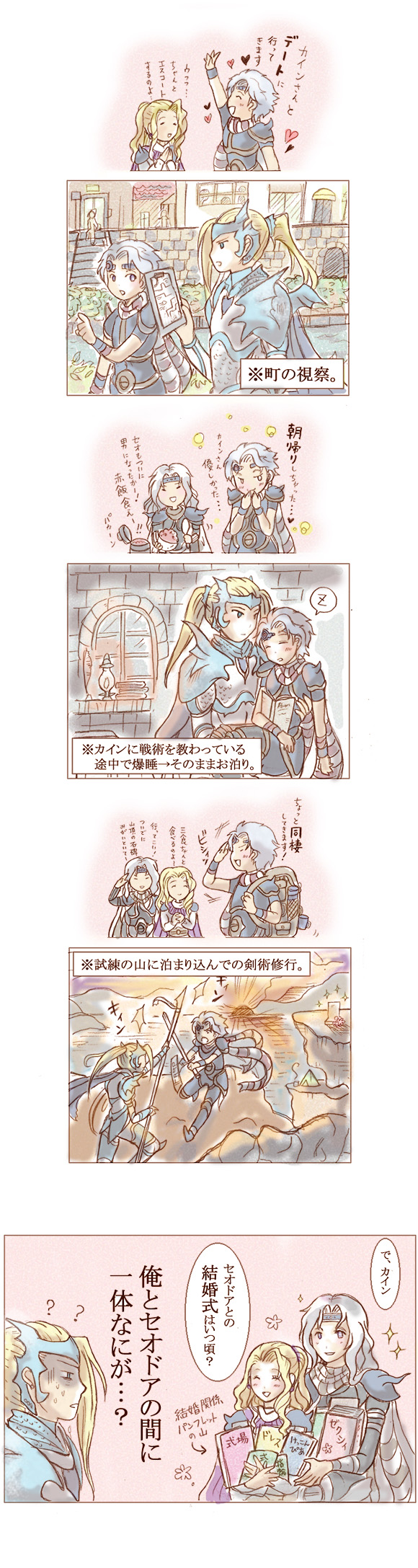 naa (54891637), cain highwind, cecil harvey, rosa farrell, final fantasy, final fantasy iv, final fantasy iv: the after years, highres, long image, tall image, translation request, 1990s (style), armor, blonde hair, comic, long hair, white hair