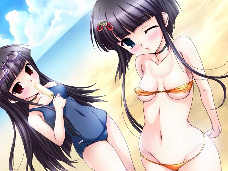 aojiru, tsukishiro kikuka, tsukishiro ouka, in'youchuu, in'youchuu shoku, game cg, non-web source, blue eyes, long hair, red eyes, school swimsuit, short hair, swimsuit