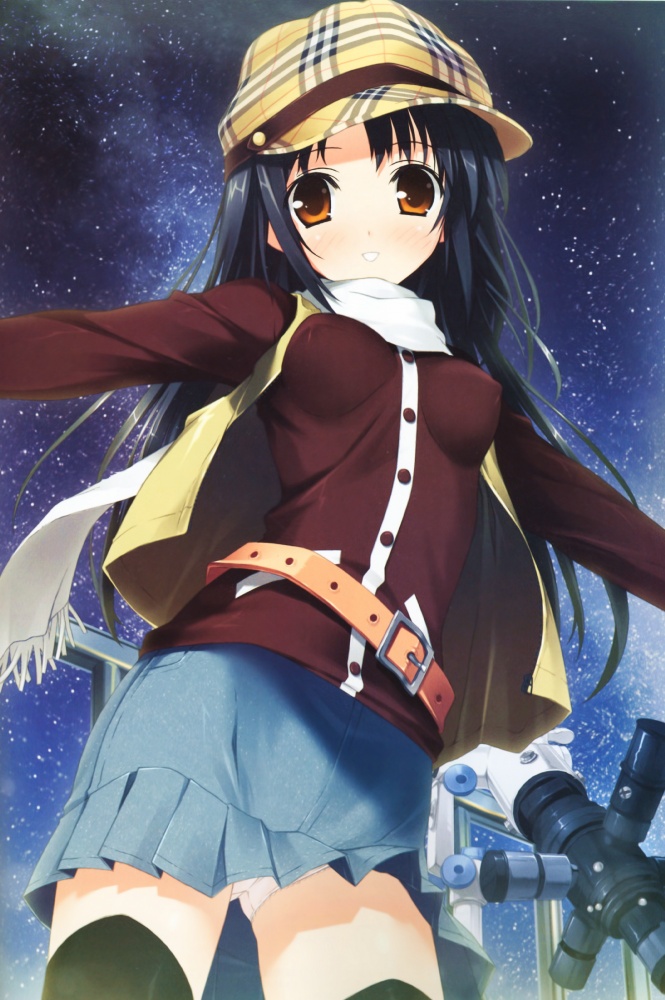 kantoku, cropped, scan, 1girl, belt, black hair, blush, breasts, covered erect nipples, female focus, from below, hat, panties, pantyshot, scarf, smile, solo, star (symbol), telescope, thighhighs, underwear, yellow eyes