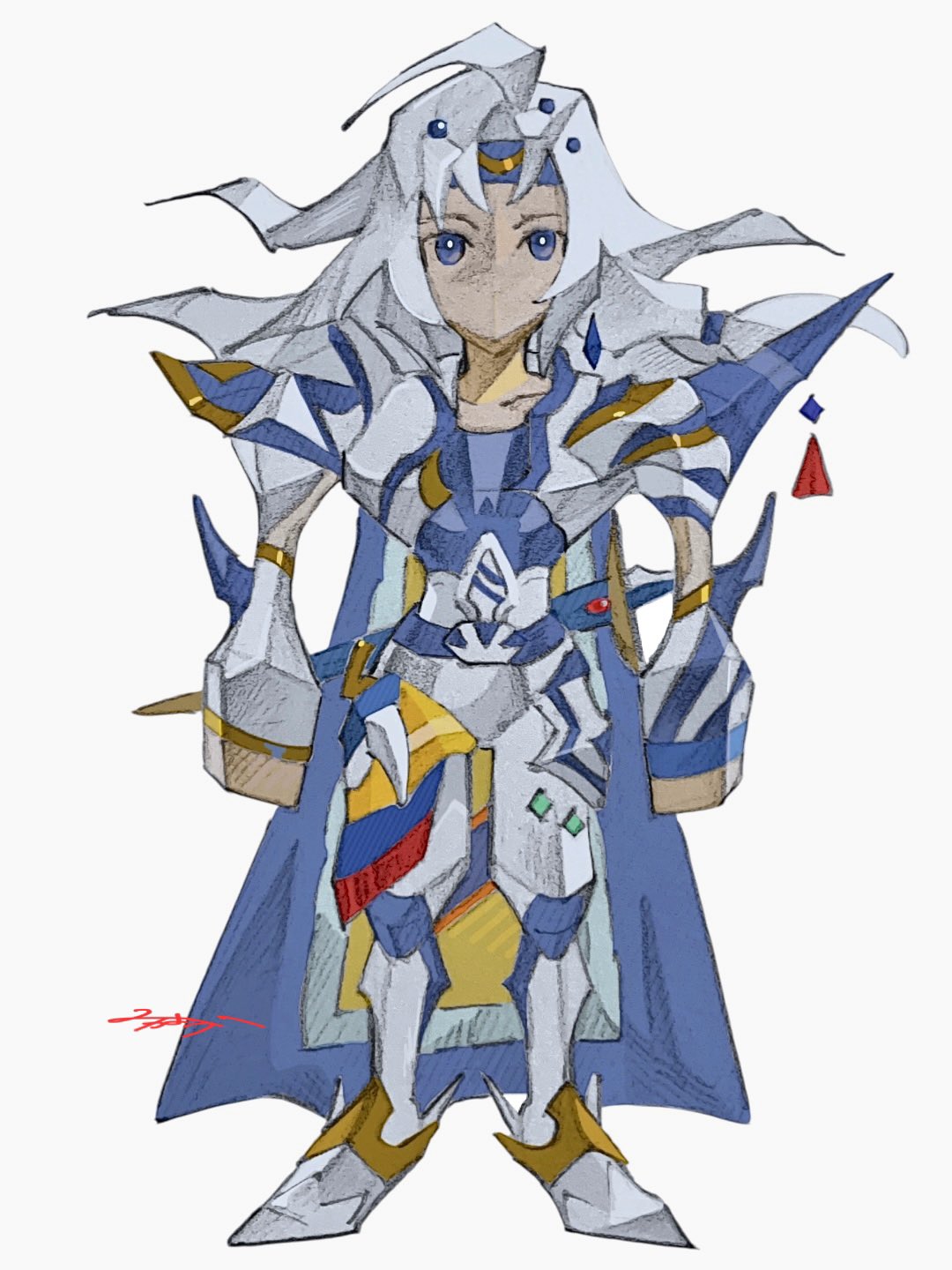 dene tri, cecil harvey, final fantasy, final fantasy iv, final fantasy vii, highres, 1boy, armor, beads, blue armor, blue cape, blue eyes, blue headband, cape, full body, hair beads, hair ornament, headband, long hair, looking at viewer, low poly, male focus, multicolored armor, no mouth, no sclera, ornate armor, parody, pauldrons, shoulder armor, solo, spiked pauldrons, spikes, standing, style parody, white armor, white hair