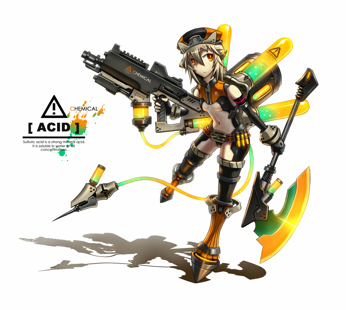 gia, original, 1girl, armband, armor, asymmetrical dual wielding, axe, belt, blonde hair, breasts, cyborg, dual wielding, elbow gloves, english text, female focus, fingerless gloves, full body, gloves, glowing, gun, hair ornament, hat, holding, mecha musume, navel, neon trim, orange eyes, personification, shadow, short hair, simple background, solo, tail, thighhighs, underboob, vial, weapon, zipper