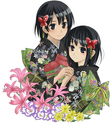 amakura mayu, amakura mio, fatal frame, fatal frame ii: crimson butterfly, 2girls, black hair, flower, holding hands, japanese clothes, kimono, lily (flower), multiple girls, siblings, sisters, twins