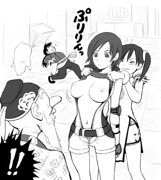 hawk (cwmg), kazama asuka, lei wulong, ling xiaoyu, wang jinrei, dragon ball, tekken, resized, !, 2boys, 2girls, breasts, monochrome, multiple boys, multiple girls, nipples, parody, pig, pixiv thumbnail, shirt lift