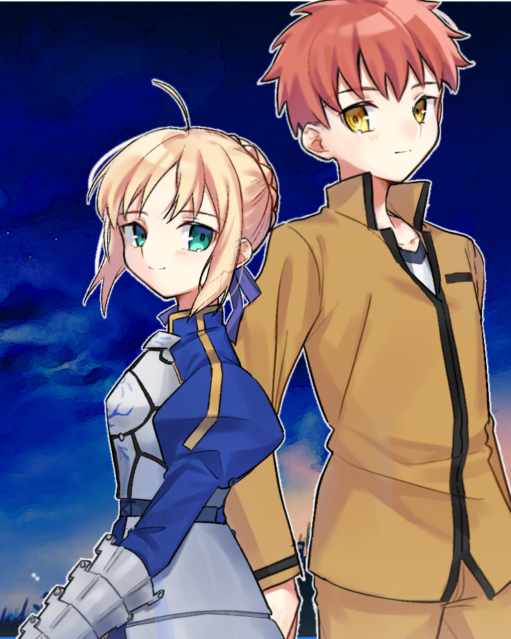 dun dudu, artoria pendragon (fate), emiya shirou, saber (fate), fate/stay night, fate (series), commentary request, 1boy, 1girl, ahoge, armor, armored dress, blonde hair, blue bow, bow, braid, brown eyes, brown pants, brown shirt, bun with braided base, dress, gauntlets, green eyes, hair bow, hair bun, long sleeves, orange hair, pants, shirt, sidelocks