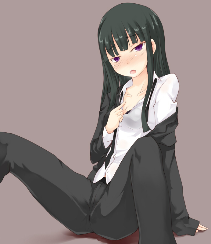 kuro (be ok), hazuki mina (darker than black), darker than black, bad id, bad pixiv id, 00s, 1girl, arm support, black hair, blush, female focus, formal clothes, long hair, mizunashi hazuki, off shoulder, open mouth, pant suit, pants, purple eyes, simple background, sitting, solo, suit, unbuttoned