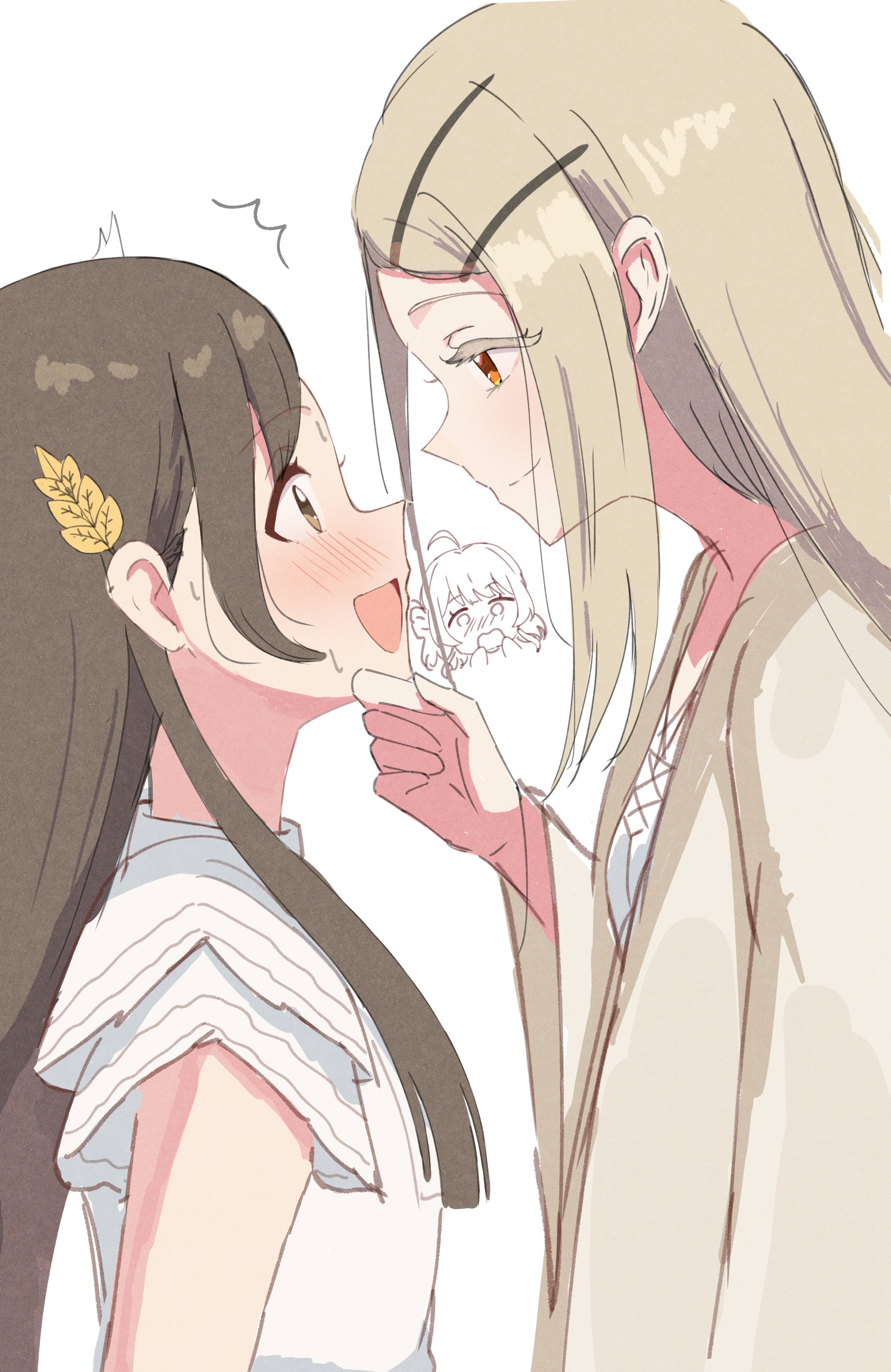 iroha 822, hanami ume, kuramoto china, shinosawa hiro, gakuen idolmaster, idolmaster, absurdres, commentary request, highres, 3girls, blonde hair, blunt bangs, blush, breasts, brown eyes, brown hair, camisole, chibi, closed mouth, colored eyelashes, embarrassed, grey robe, hair ornament, hairclip, hand on another's chin, hand up, height difference, laurels, leaf hair ornament, long hair, looking at another, looking down, looking up, multiple girls, open clothes, open mouth, open robe, orange eyes, parallel hairclips, parted bangs, robe, shirt, short sleeves, simple background, small breasts, smile, standing, upper body, white background, white camisole, white shirt, wide sleeves, yuri