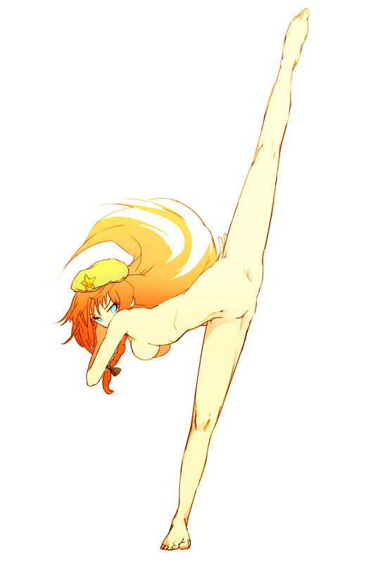 chirigami-san, hong meiling, embodiment of scarlet devil, touhou, bad id, bad pixiv id, 1girl, barefoot, blonde hair, blue eyes, breasts, completely nude, feet, female focus, flexible, hair ribbon, hanging breasts, hat, high kick, kicking, legs, long hair, looking at viewer, no nipples, no pussy, nude, orange hair, ribbon, simple background, solo, split, white background