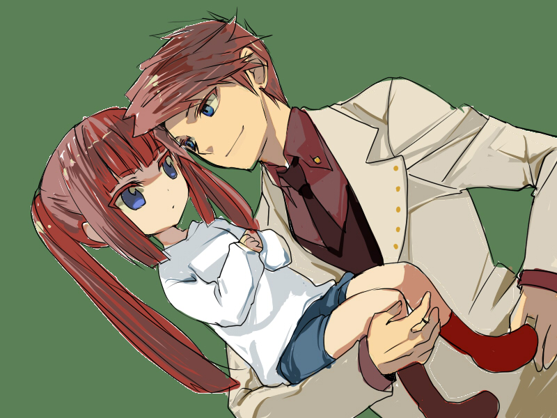 gm, ushiromiya ange, ushiromiya battler, umineko no naku koro ni, bad id, bad pixiv id, 00s, 1boy, 1girl, aged down, blue eyes, brother and sister, child, family bonding, jacket, necktie, red hair, siblings, twintails