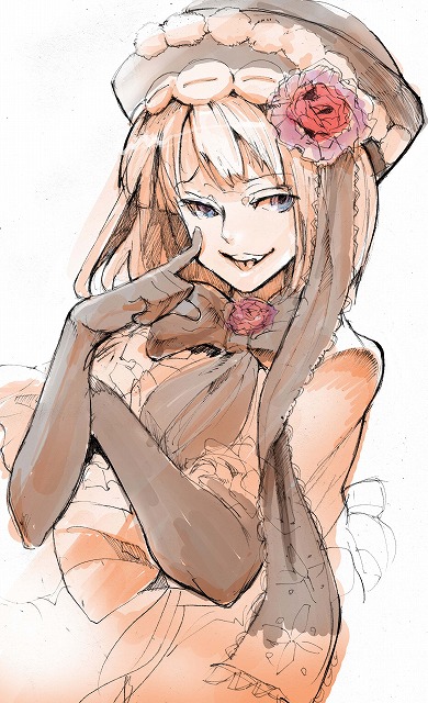 minamimori machi, eva beatrice, umineko no naku koro ni, 00s, 1girl, dress, elbow gloves, female focus, flower, gloves, hat, ribbon, smile, solo, white background