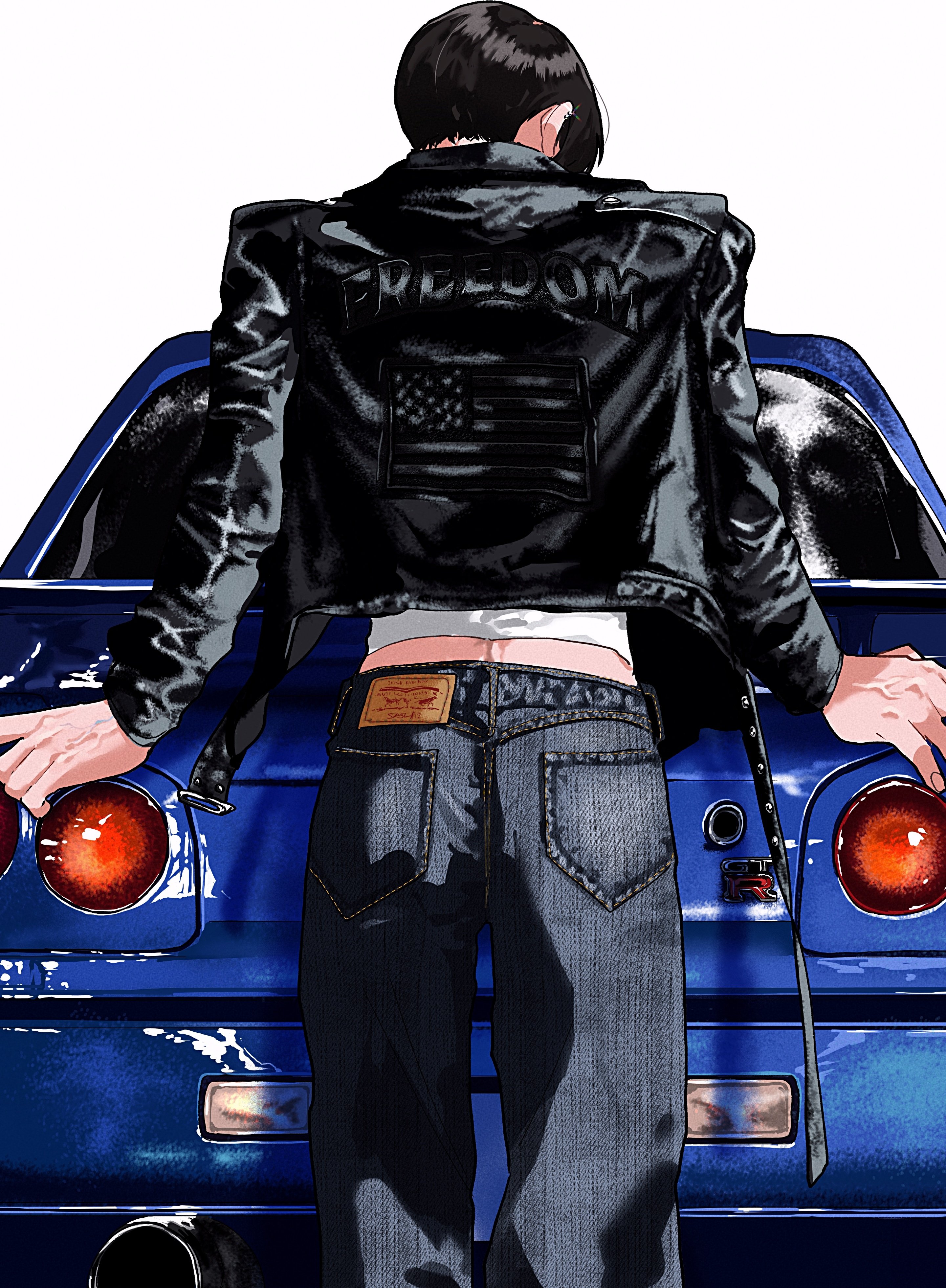 pafujojo, original, absurdres, commentary, english commentary, highres, 1boy, american flag, american flag print, back, baggy pants, black hair, black jacket, blue car, car, clothes writing, denim, ear piercing, facing away, fashion, feet out of frame, flag print, from behind, glint, hand on car, jacket, jeans, leather, leather jacket, male focus, midriff, motor vehicle, open clothes, open jacket, pants, piercing, shirt, short hair, simple background, veins, veiny hands, white background, white shirt
